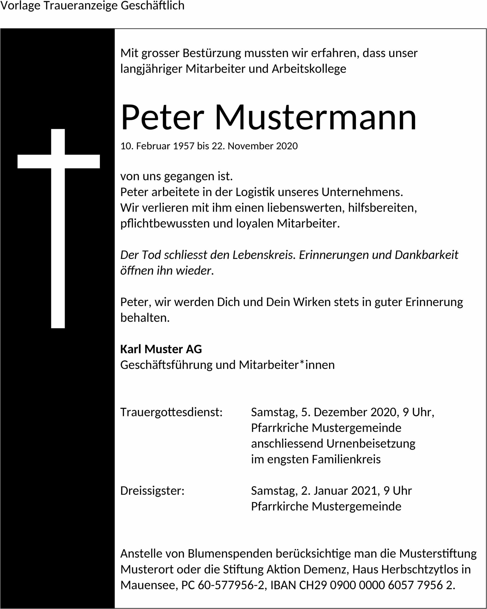 Word-Vorlage: Geschäftliche Traueranzeige