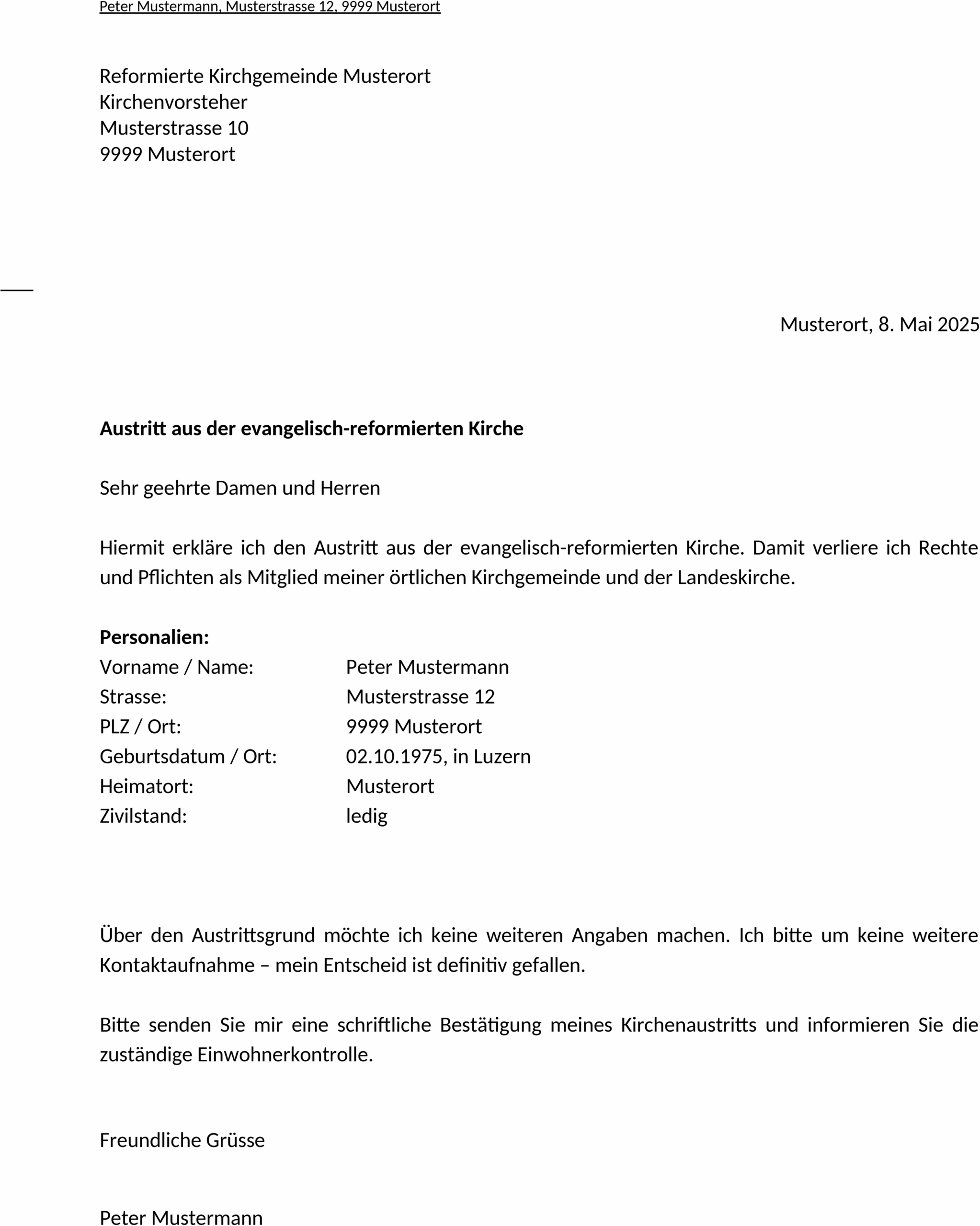 Vorlage für Kirchenaustritt evangelisch-reformiert