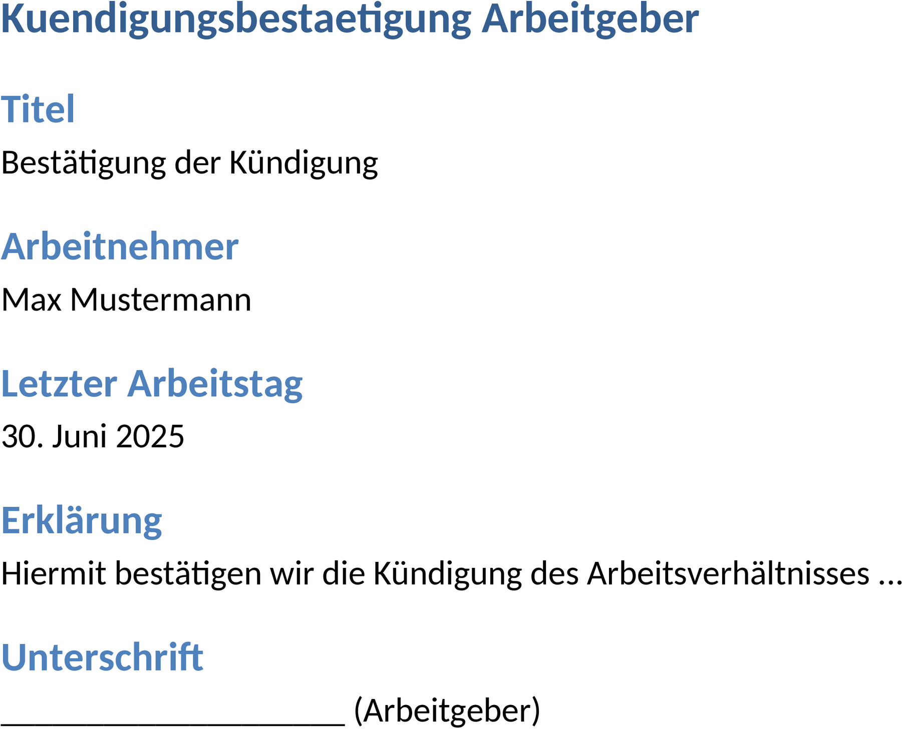 Vorlage für Kündigungsbestätigung für Arbeitgeber