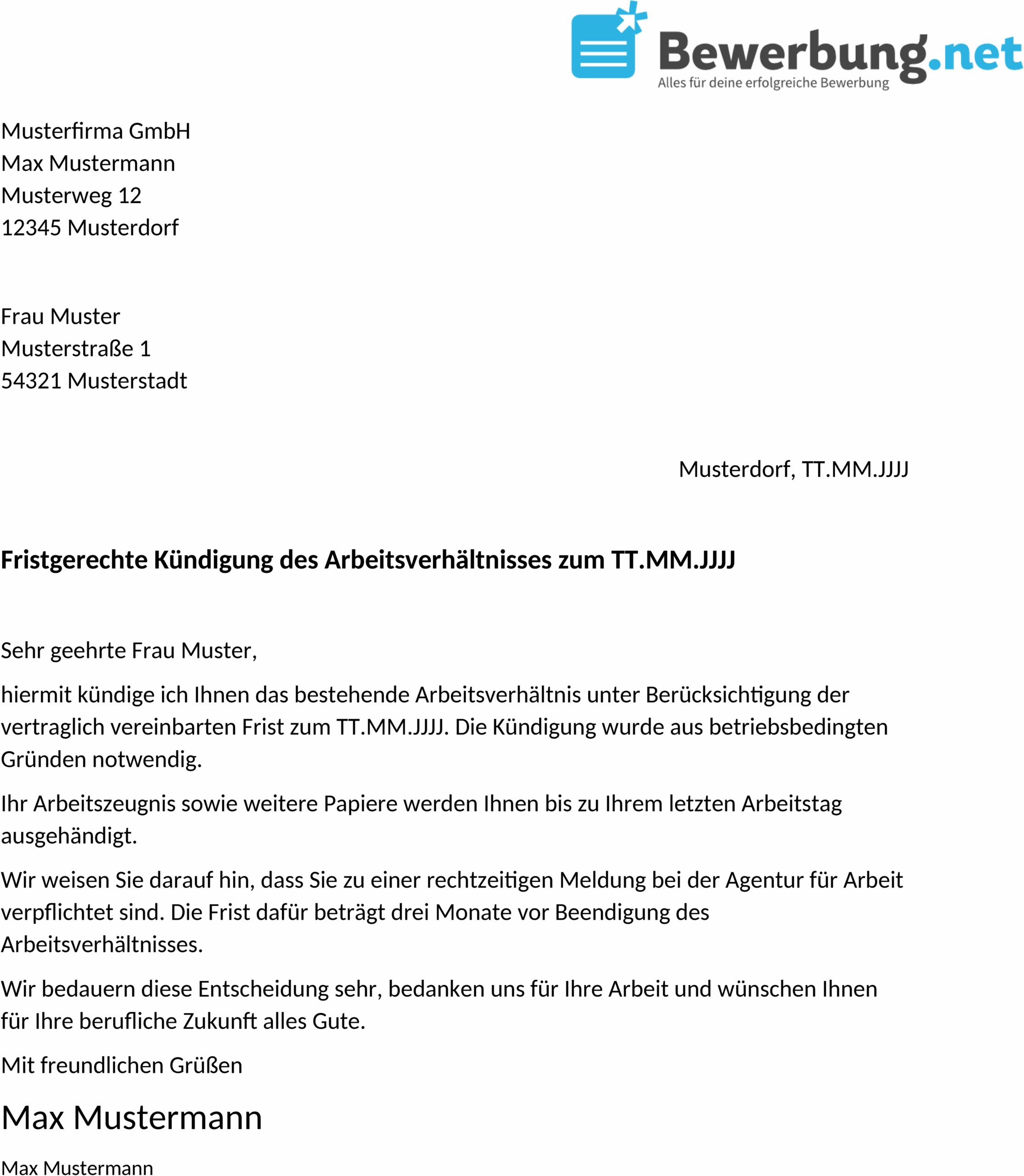 Word-Vorlage Kündigungsschreiben Arbeitsvertrag Arbeitgeber
