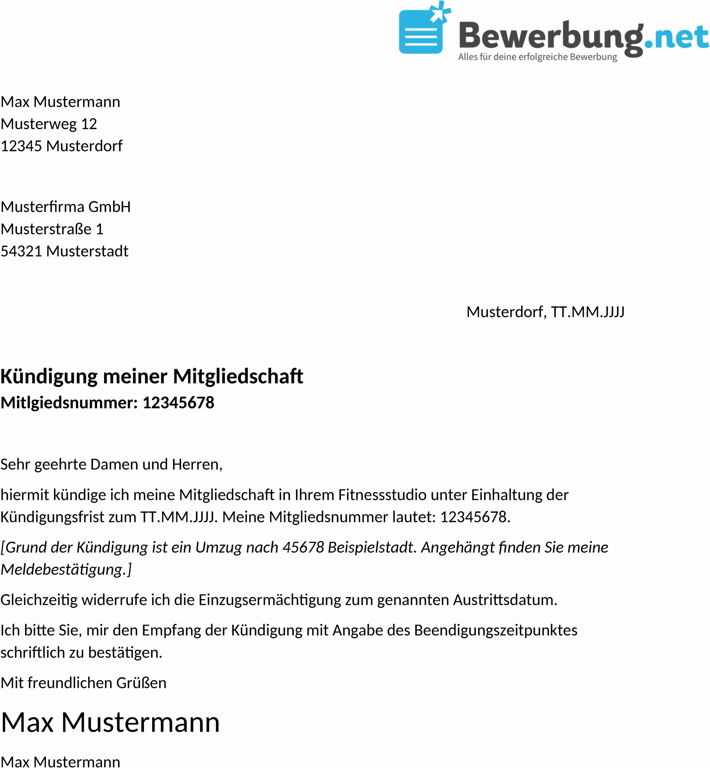 Kündigungsschreiben Fitnessstudio Word-Vorlage