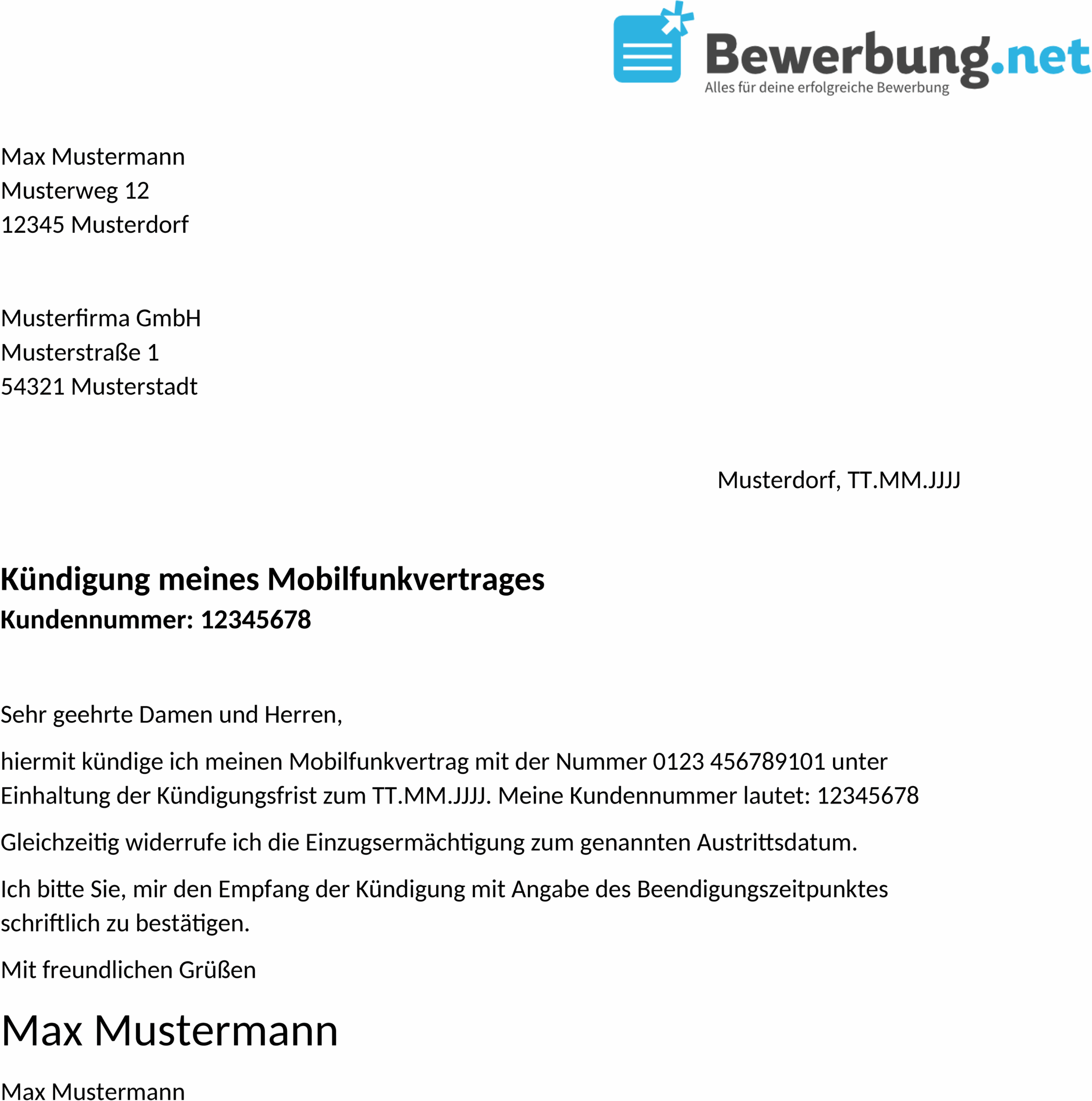 Word-Vorlage Kündigungsschreiben Handyvertrag
