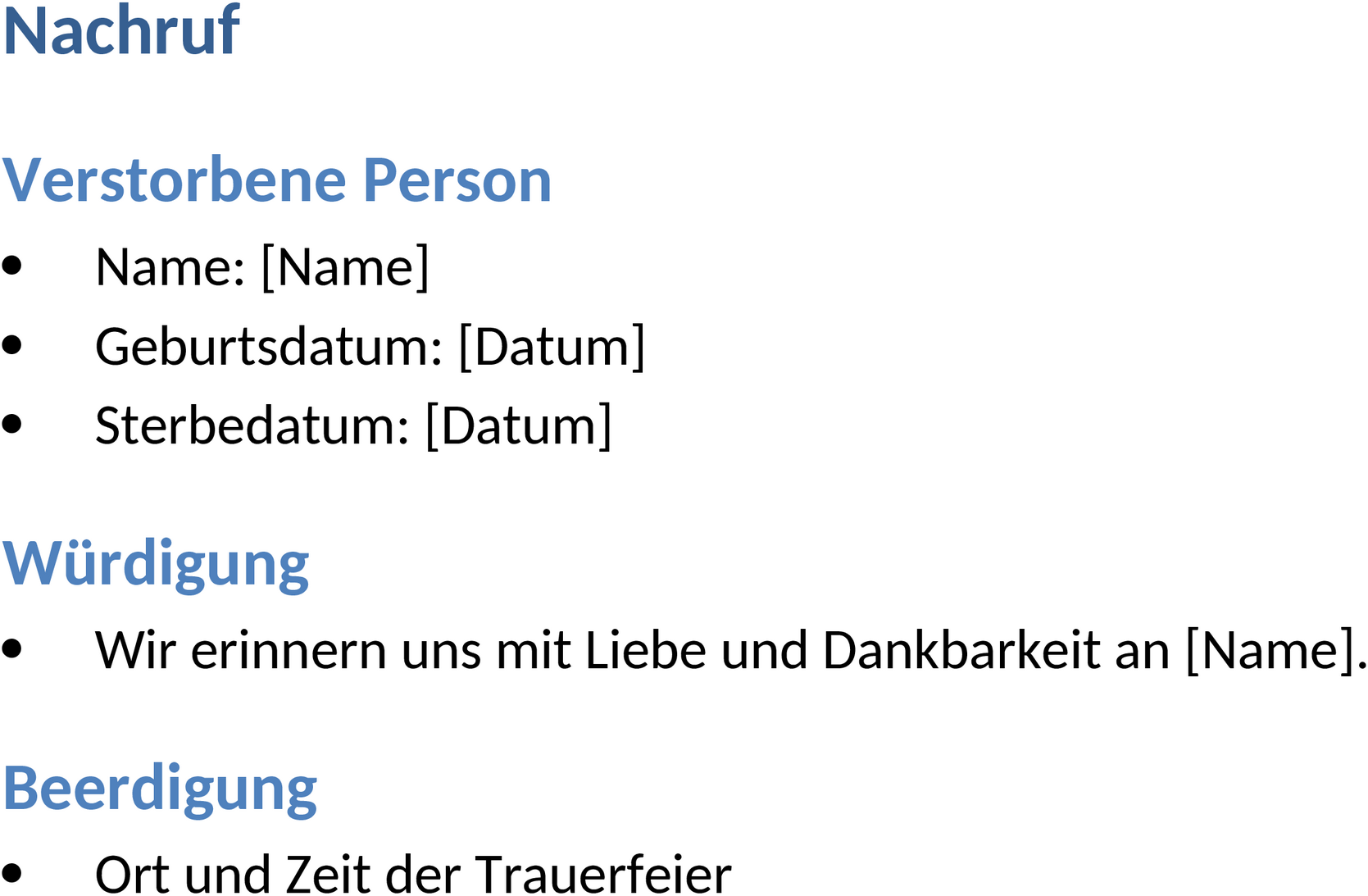 Vorlage Nachruf Word