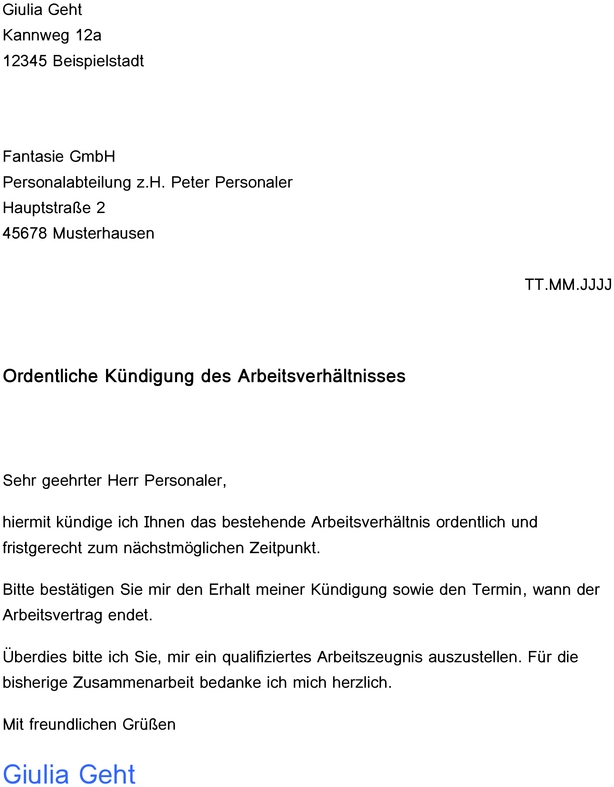 vorlage-ordentliche-kuendigung-arbeitsverhaeltnis