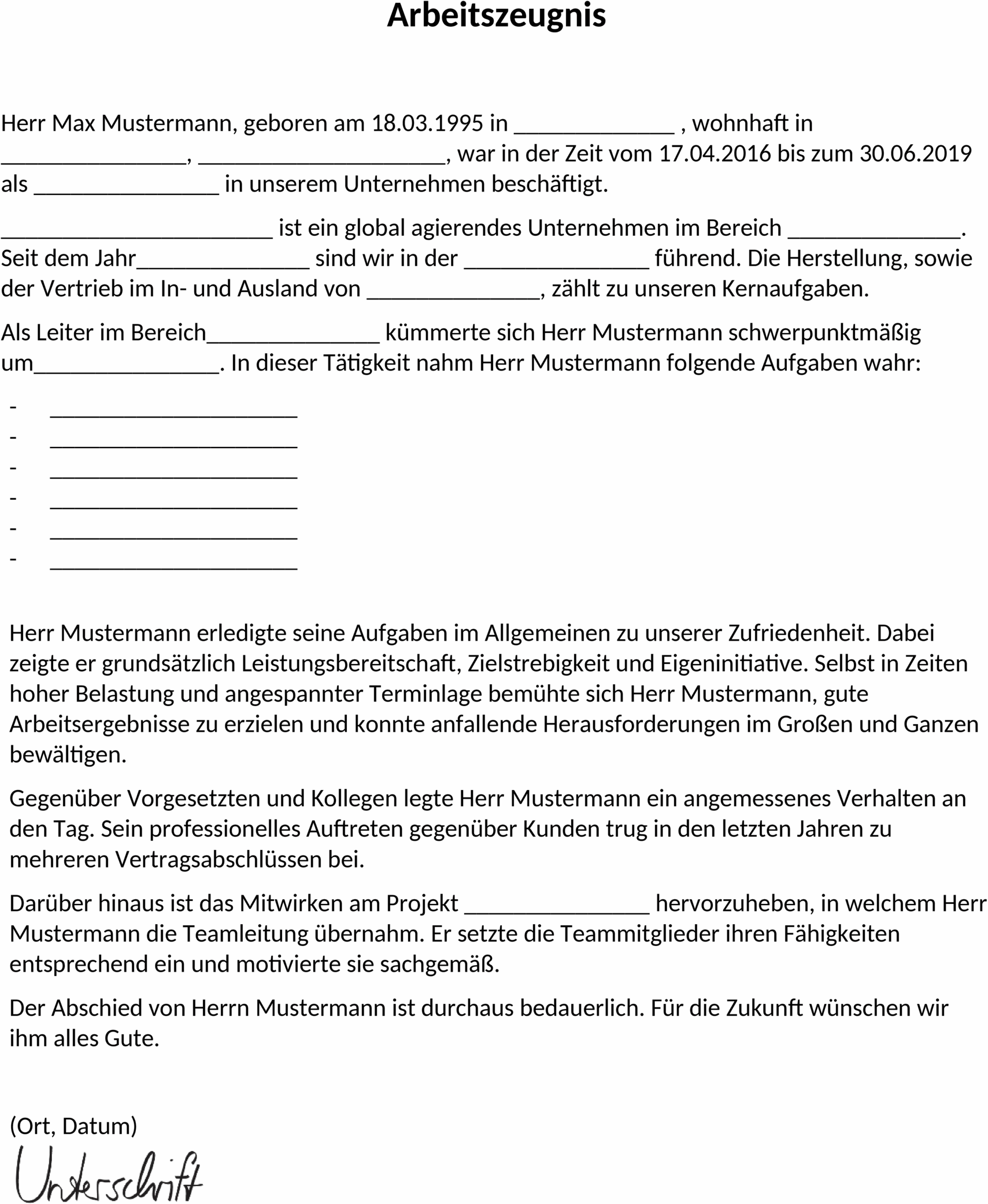 Word-Vorlage für ein weniger positives Arbeitszeugnis