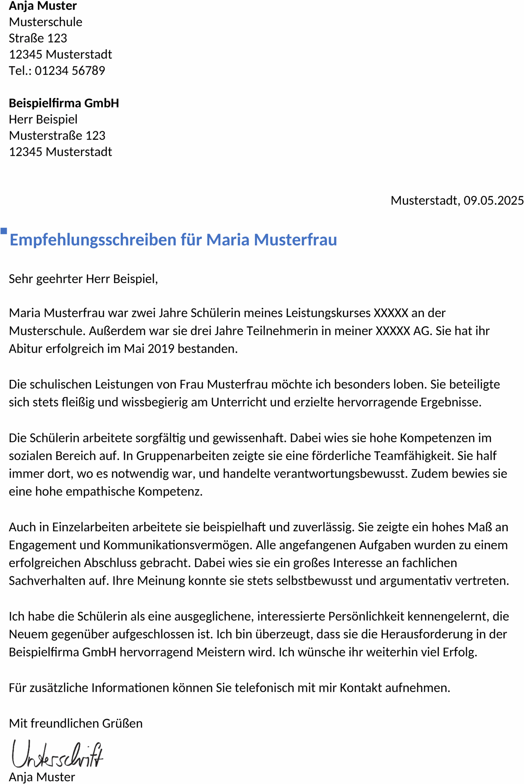 Empfehlungsschreiben Word-Vorlage für Schüler