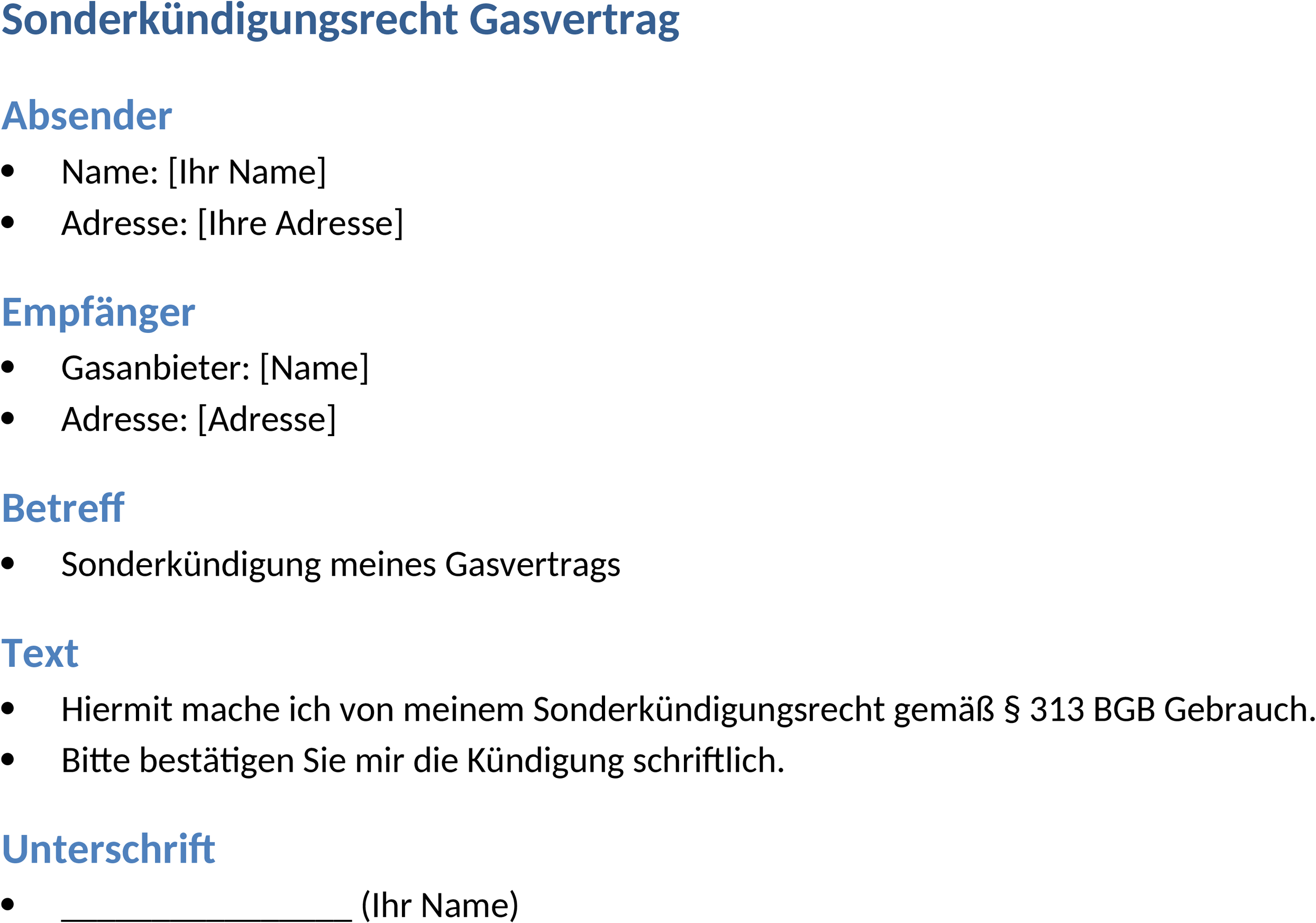 Vorlage für Sonderkündigungsrecht Gas