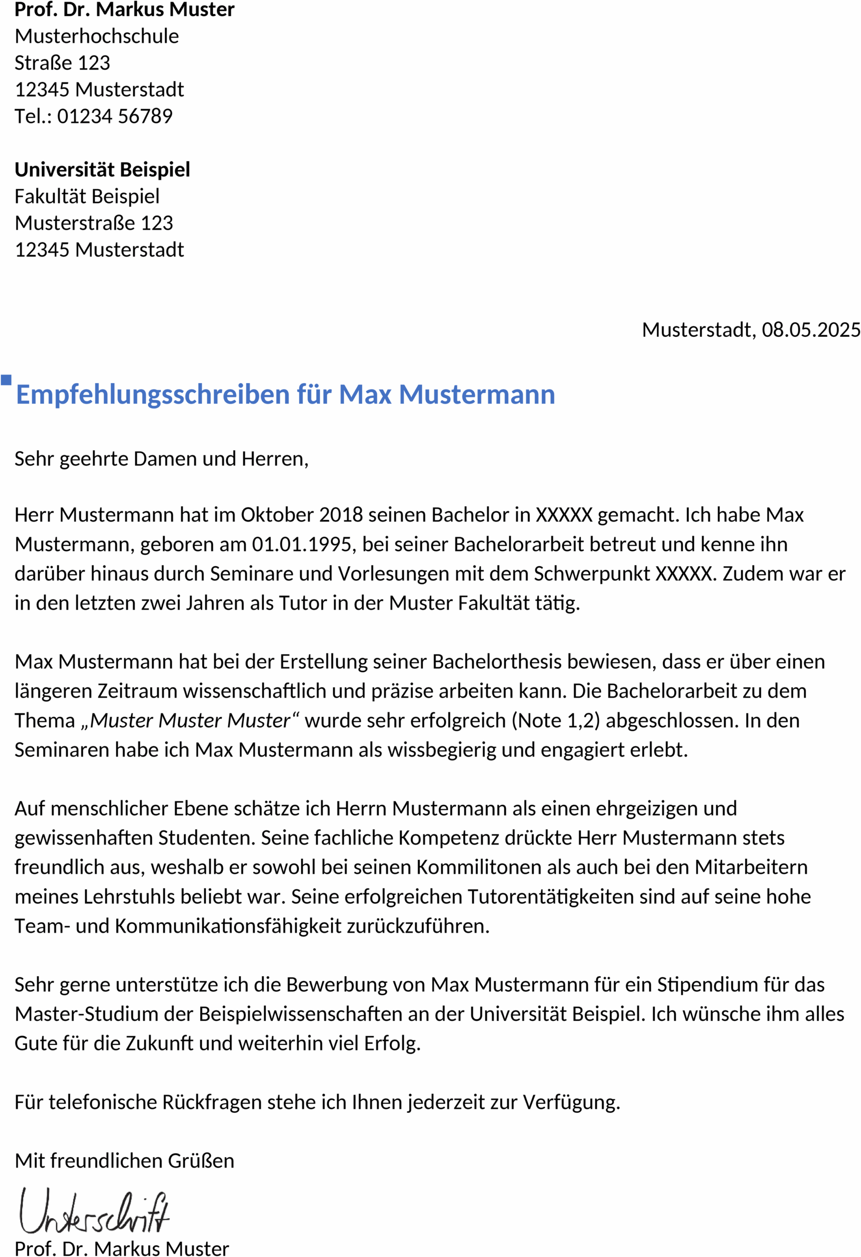 Empfehlungsschreiben für Studium und Stipendium: Word-Vorlage