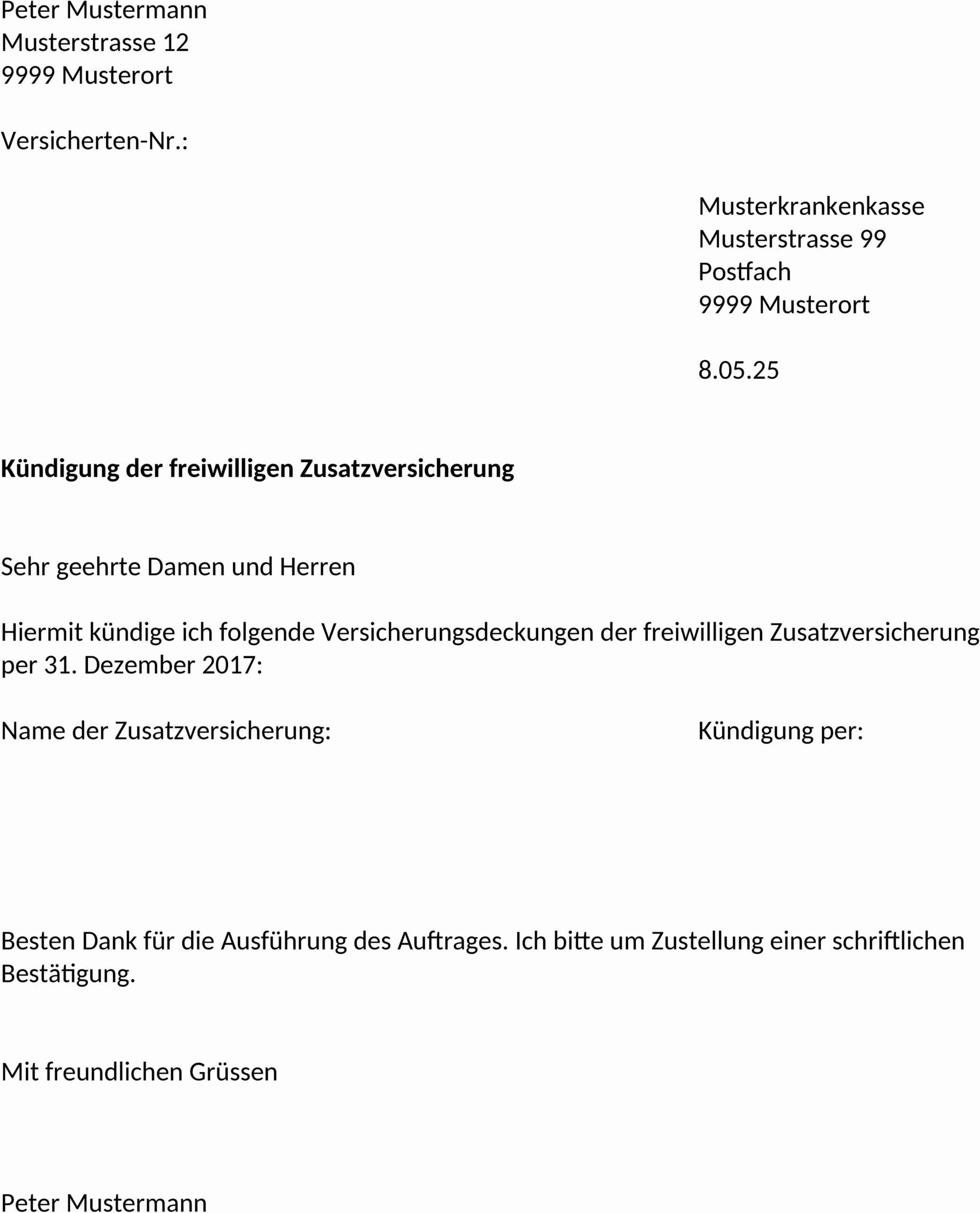Word Datei: Vorlage zur Kündigung einer Zusatzversicherung