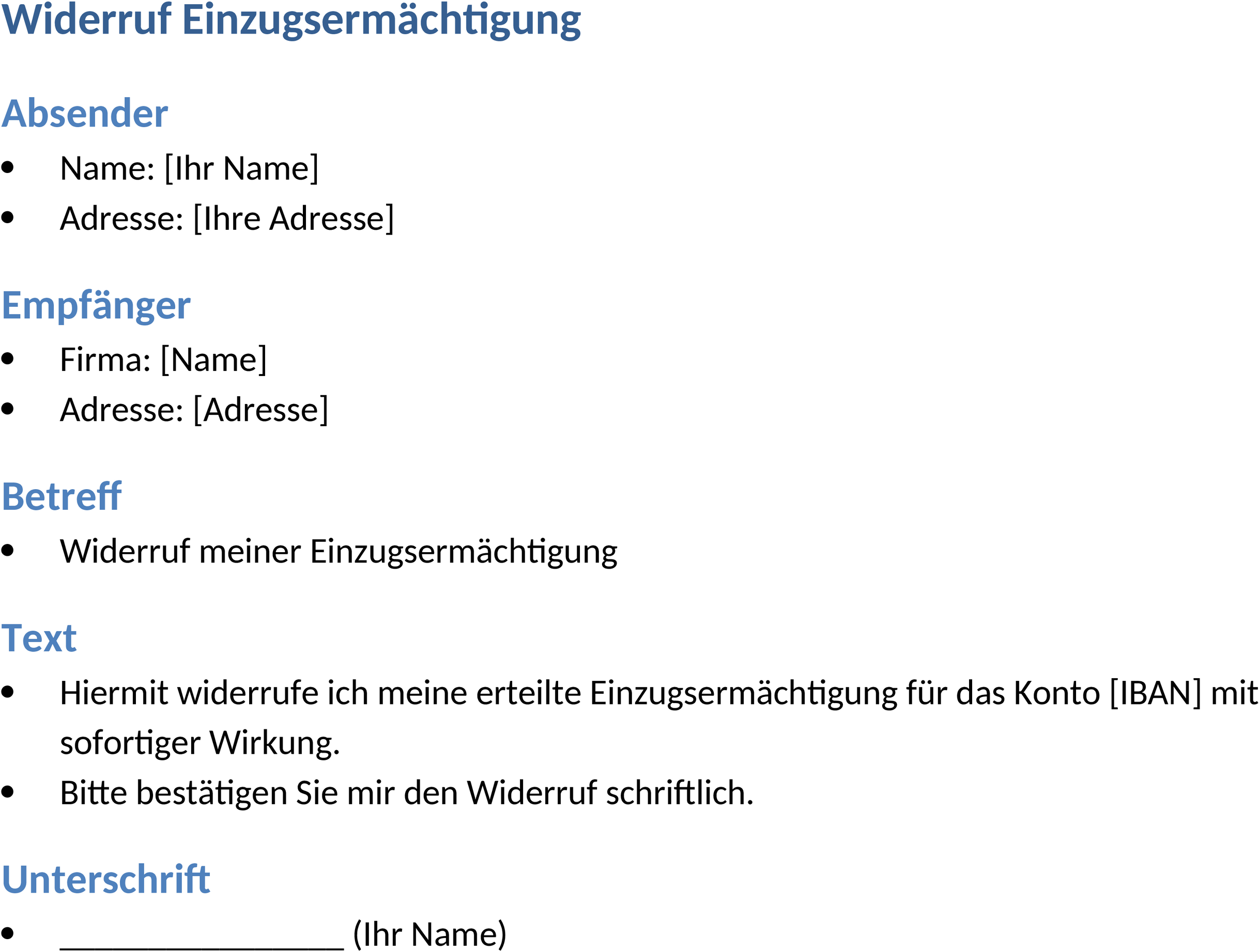 Widerruf Einzugsermächtigung Word-Dokument