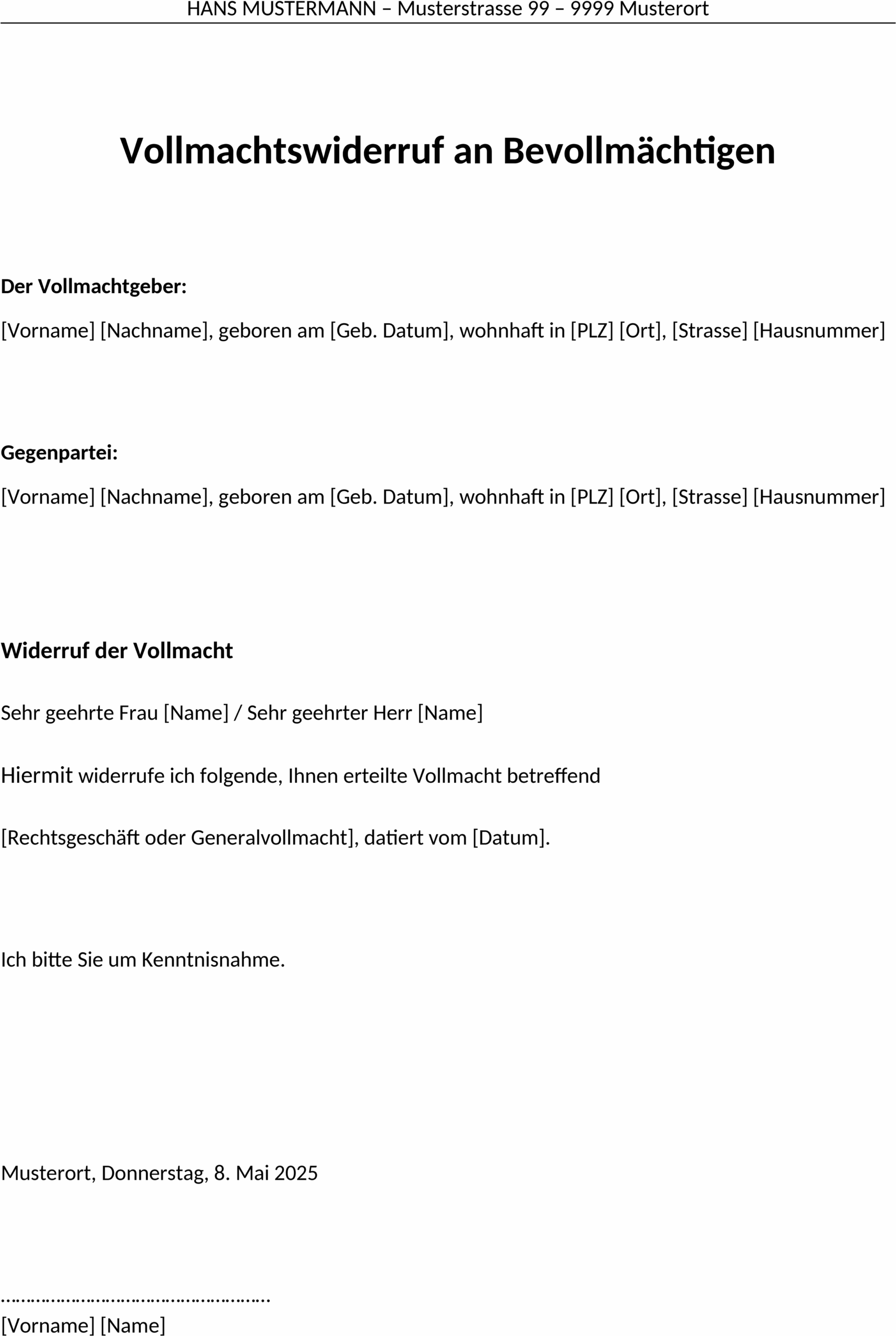 Widerruf Vollmacht Word-Vorlage