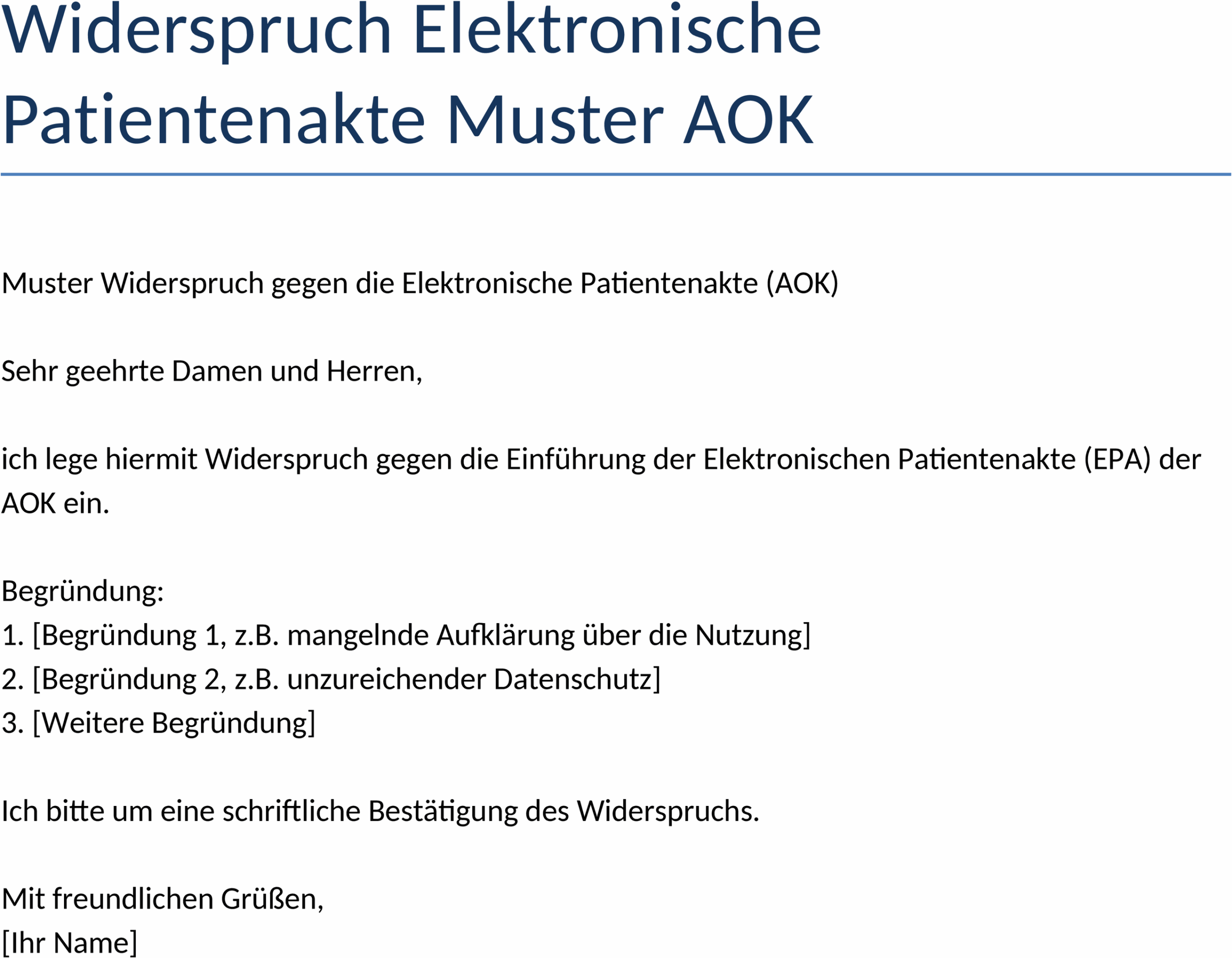 Widerspruch Elektronische Patientenakte Muster AOK