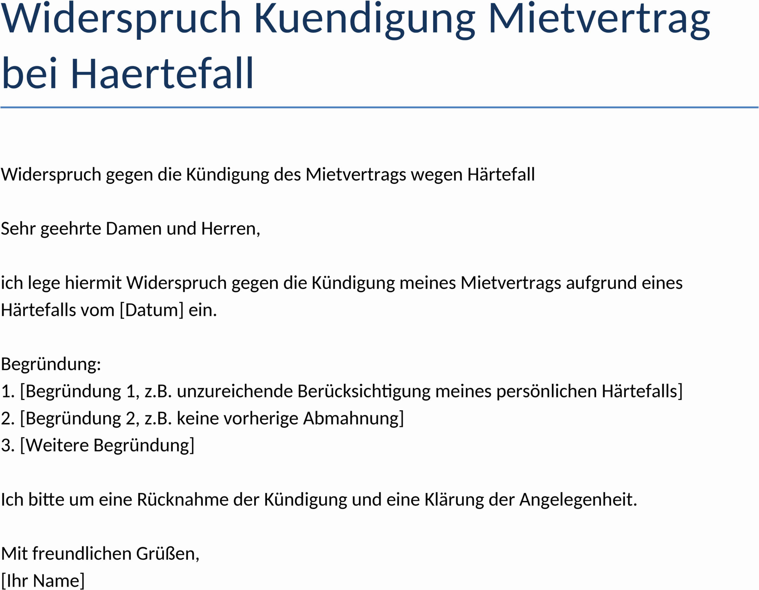 Widerspruch Kündigung Mietvertrag bei Härtefall als Word-Dokument