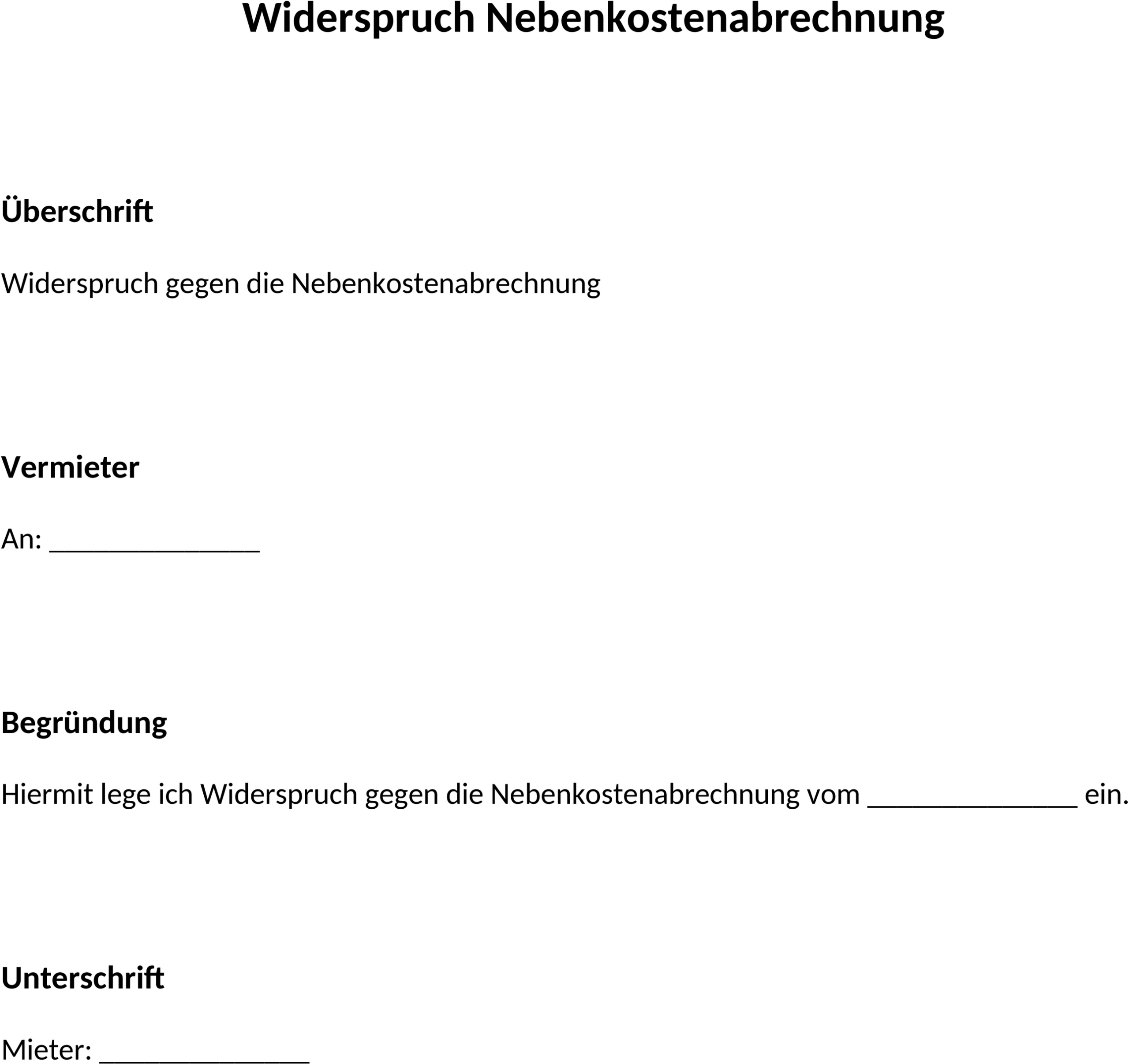 Word-Vorlage Widerspruch Nebenkostenabrechnung