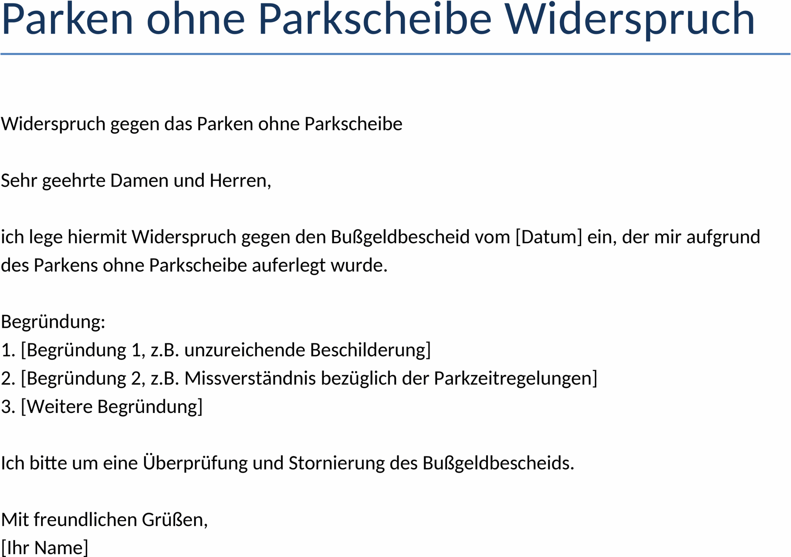Word-Dokument Widerspruch gegen Parken ohne Parkscheibe
