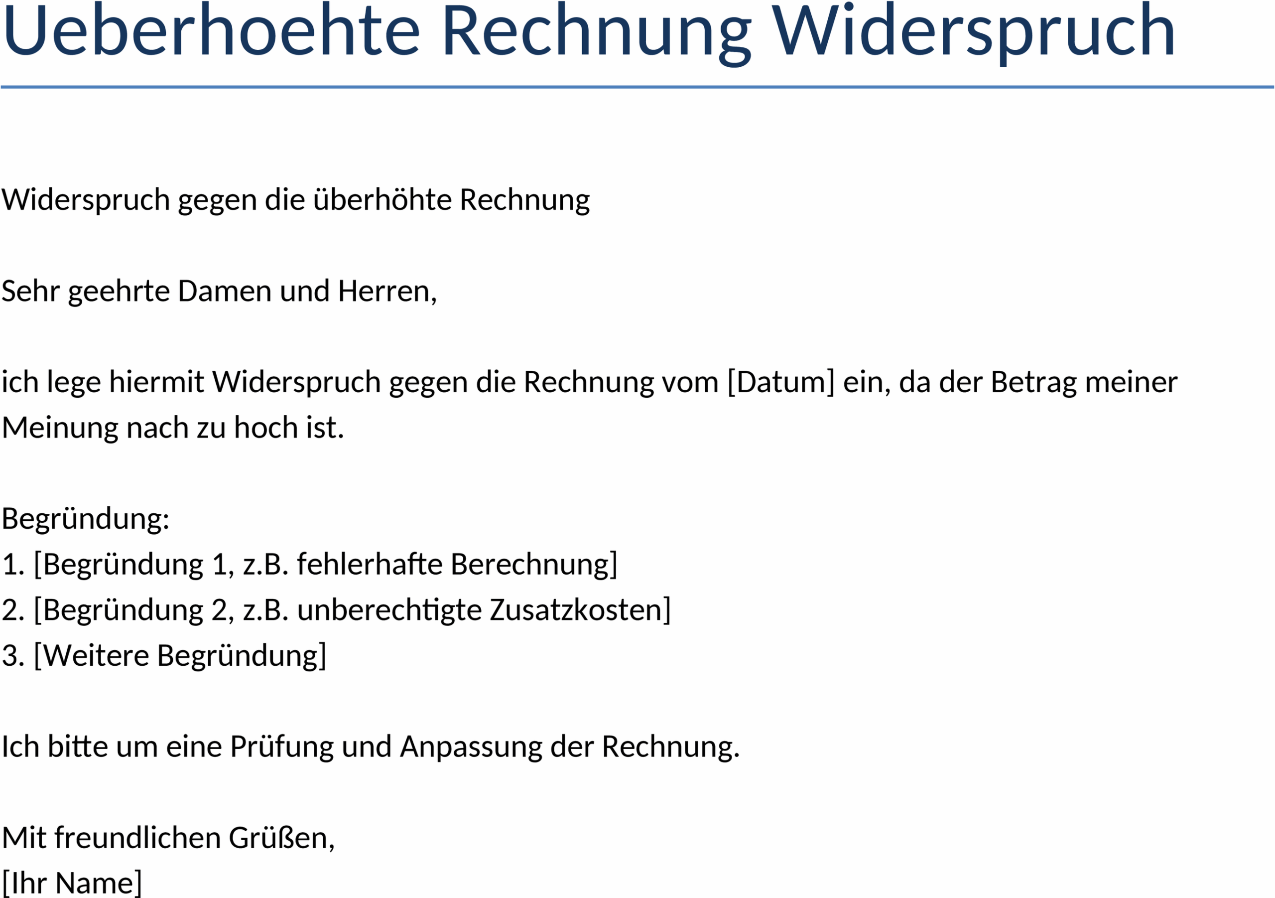 Word-Vorlage Widerspruch gegen überhöhte Rechnung