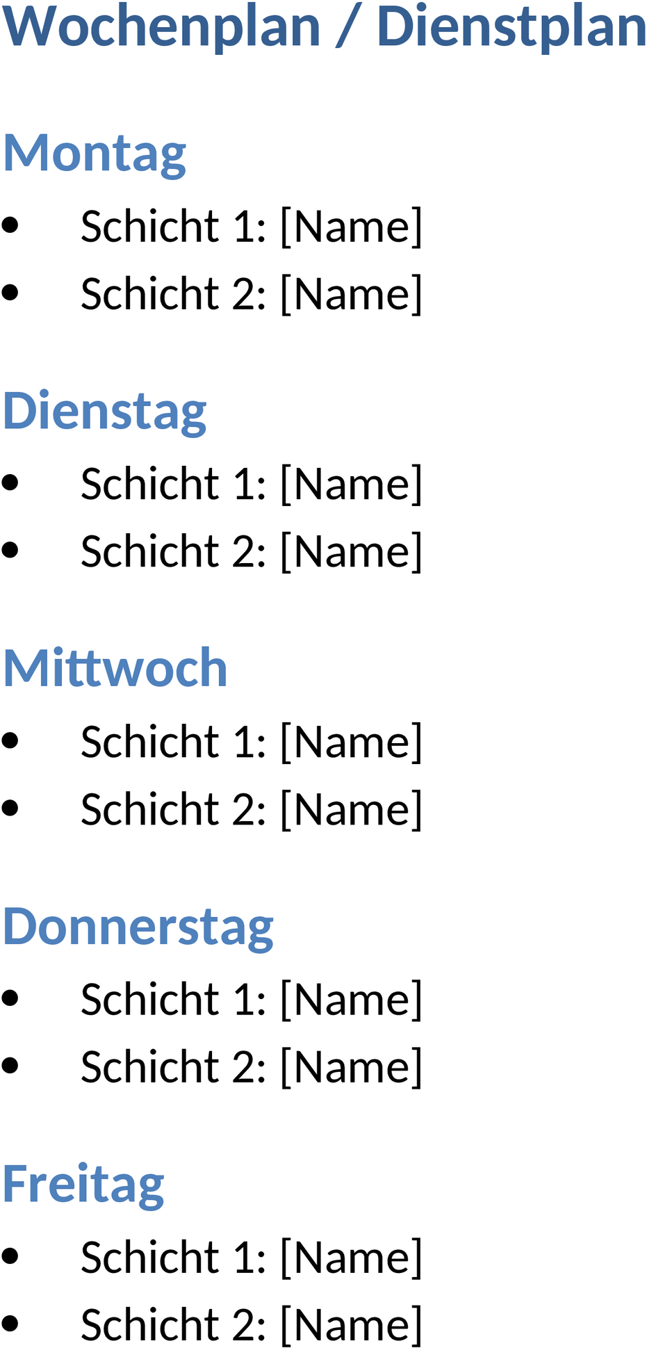 Wochenplan und Dienstplan als Word-Dokument