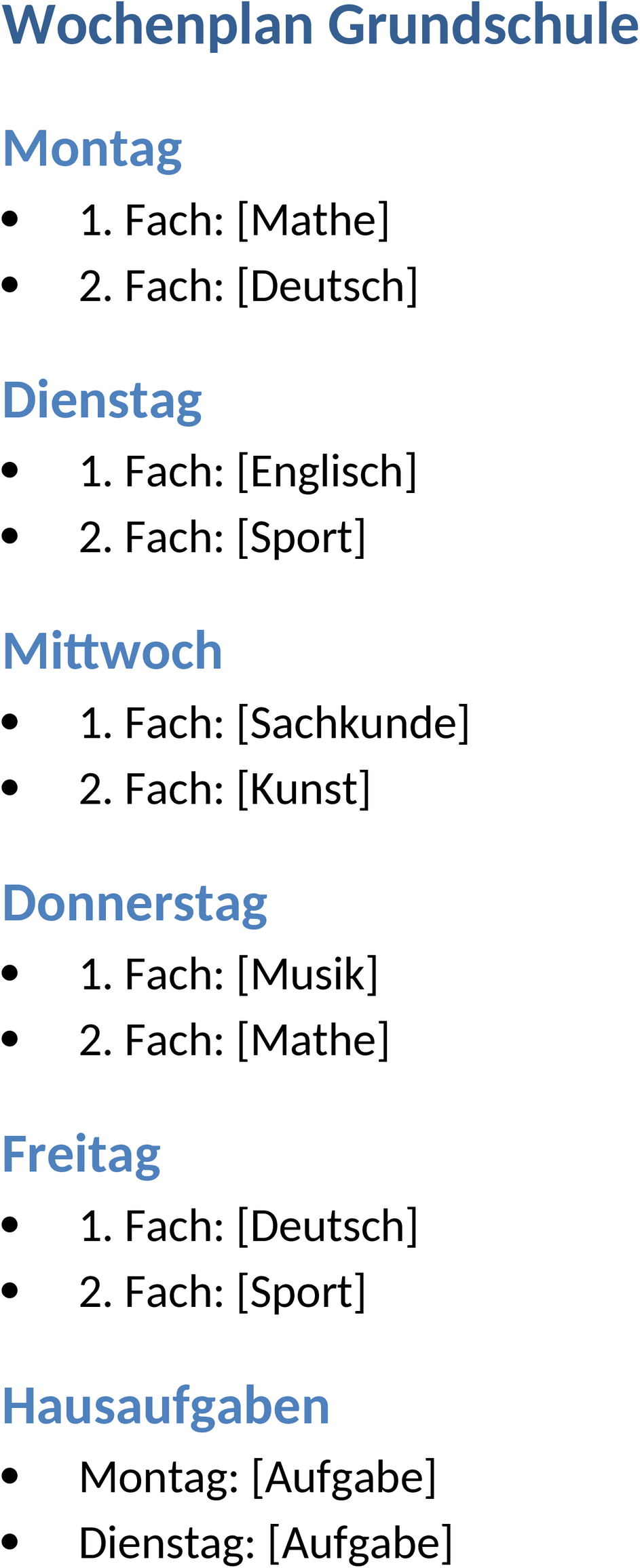 Wochenplan für die Grundschule im Word-Format