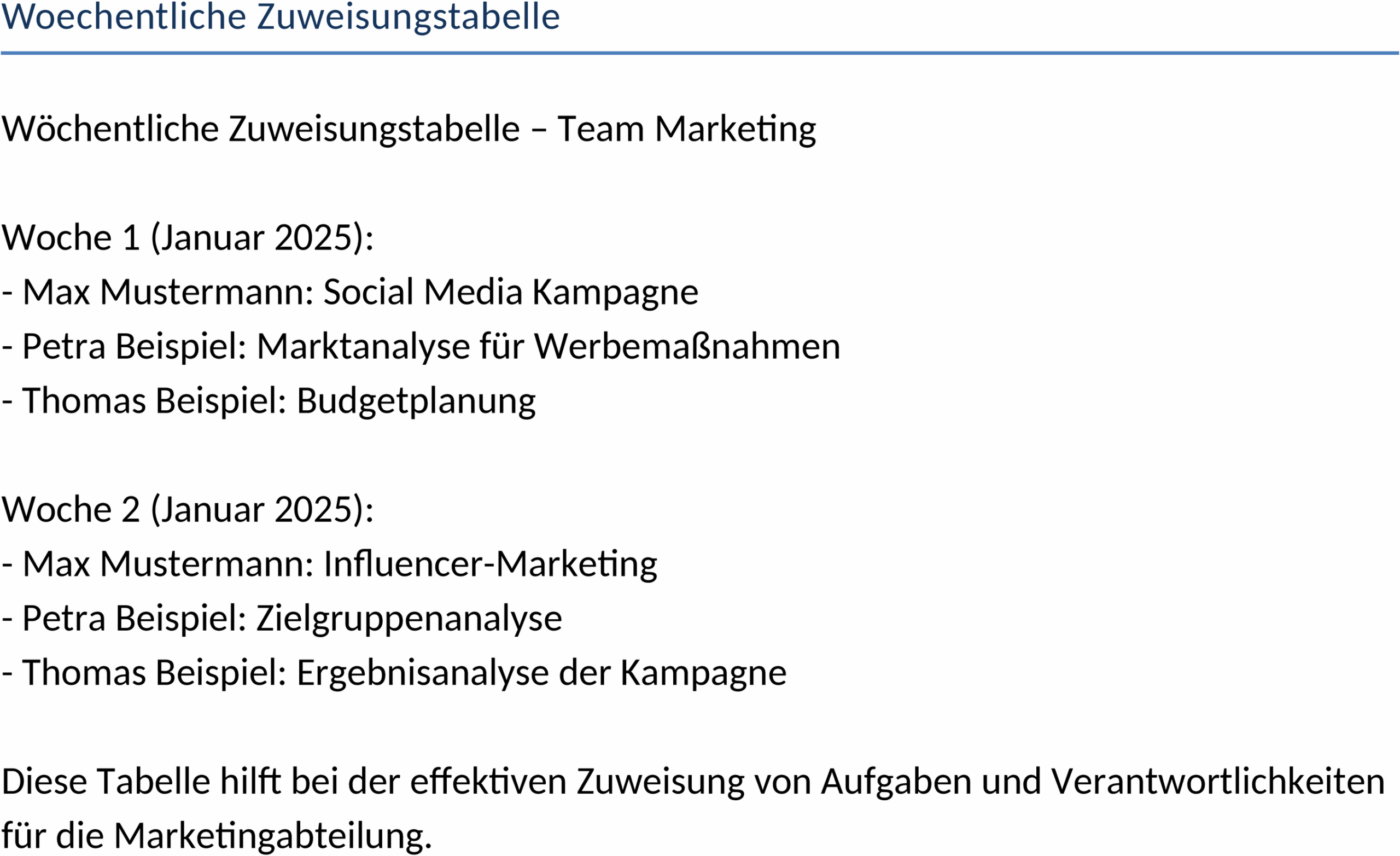Word-Vorlage Wöchentliche Zuweisungstabelle