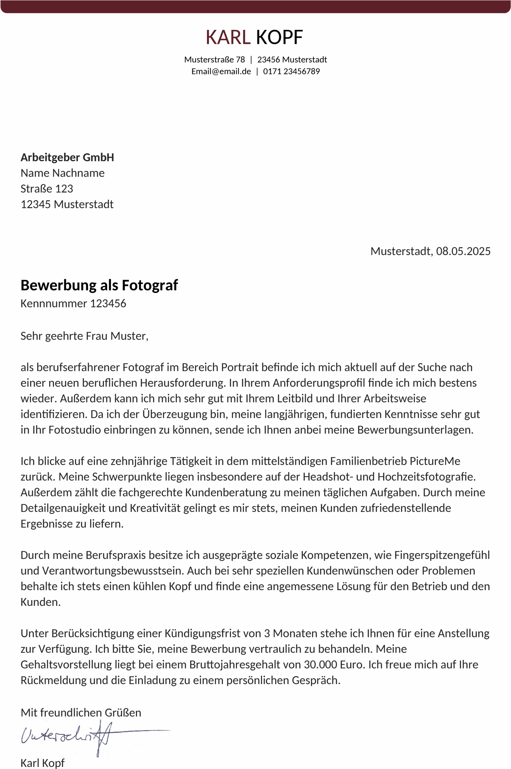 Word-Bewerbungsvorlage Anschreiben