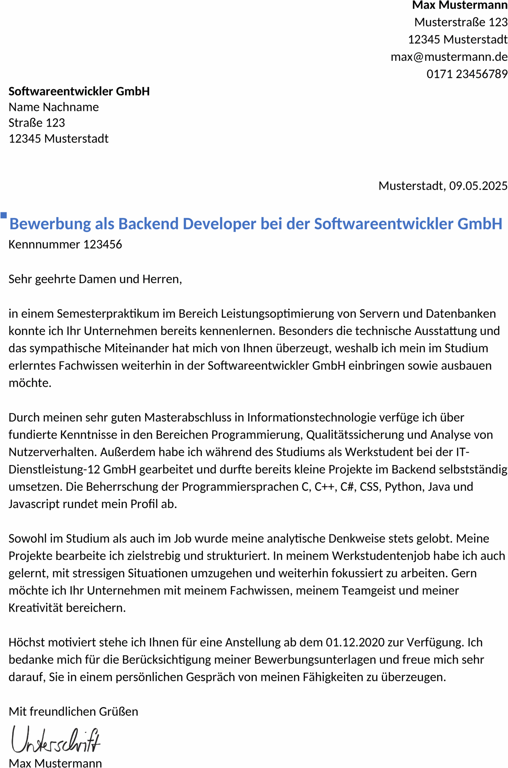 Word-Bewerbungsvorlage für Backend Developer