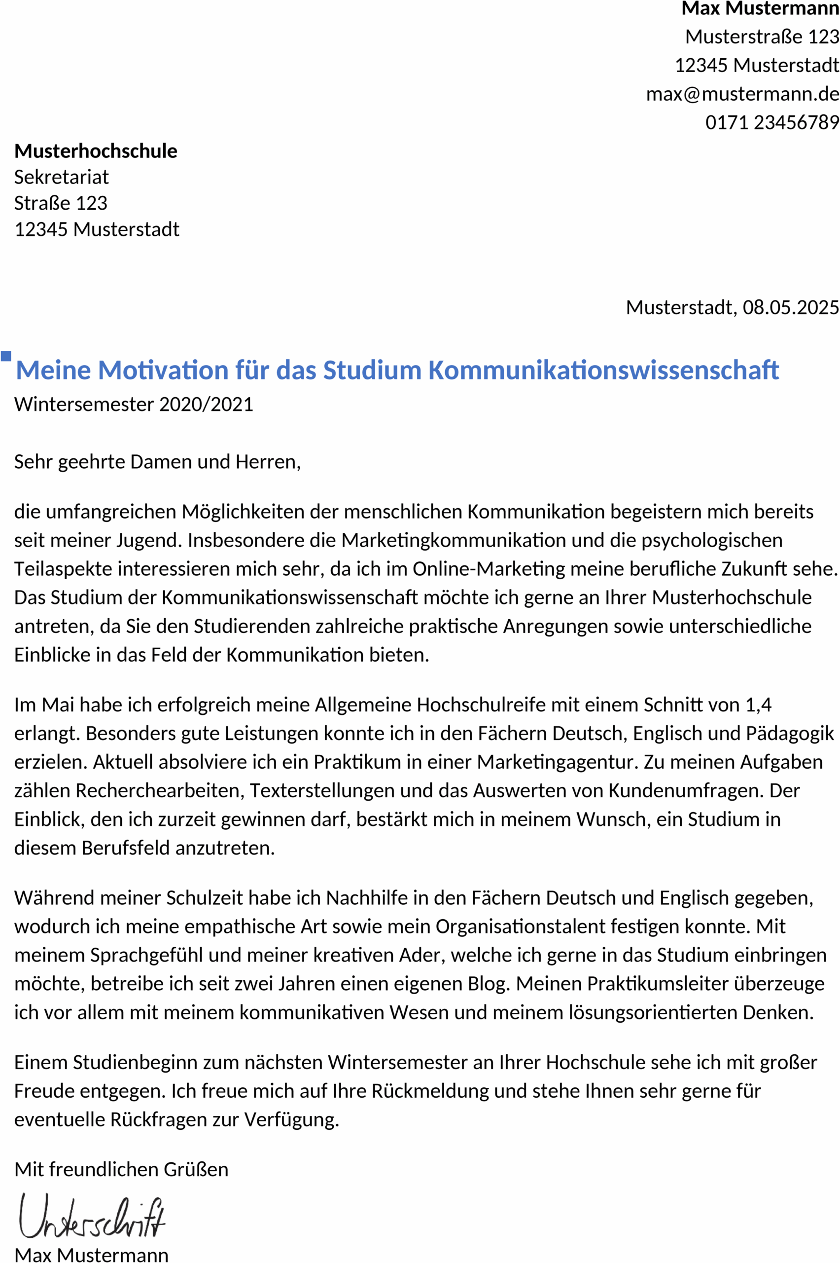 Word-Bewerbungsvorlage Content Manager Studium