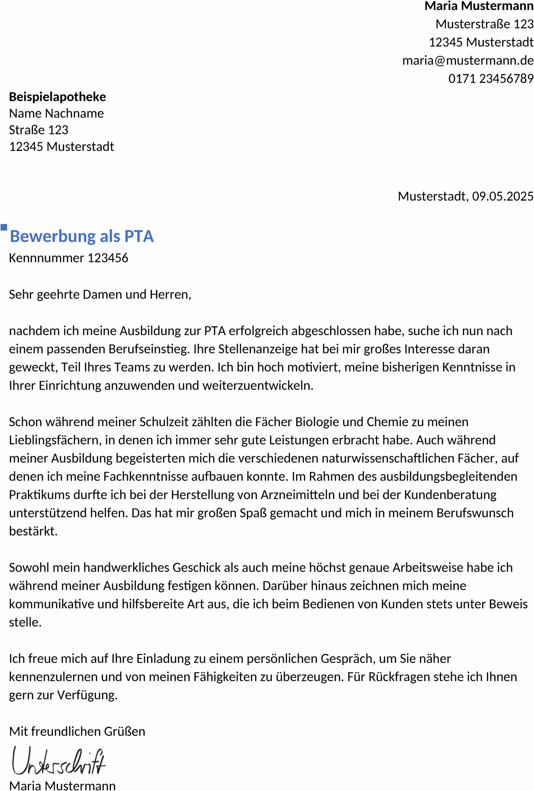 Word Bewerbungsvorlage PTA Berufseinstieg