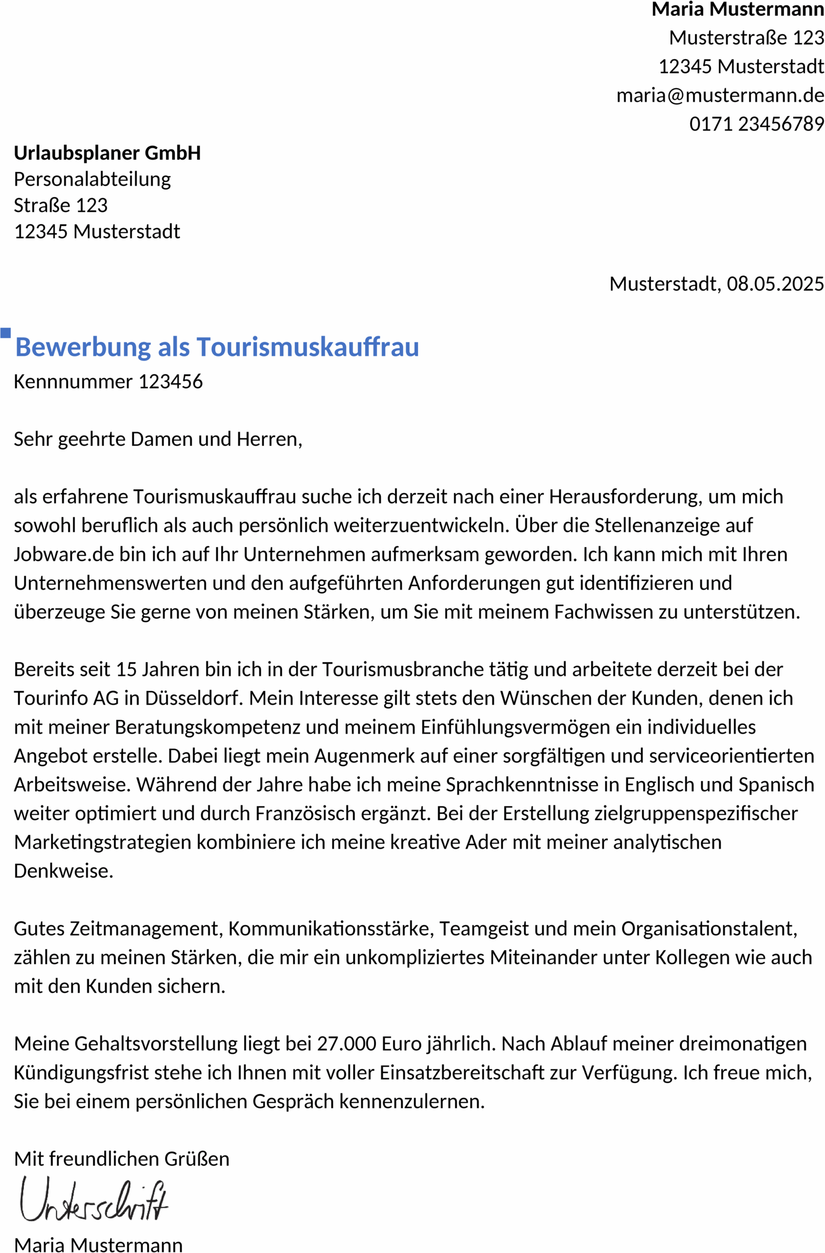 Word Bewerbungsvorlage für Berufserfahrene im Tourismus