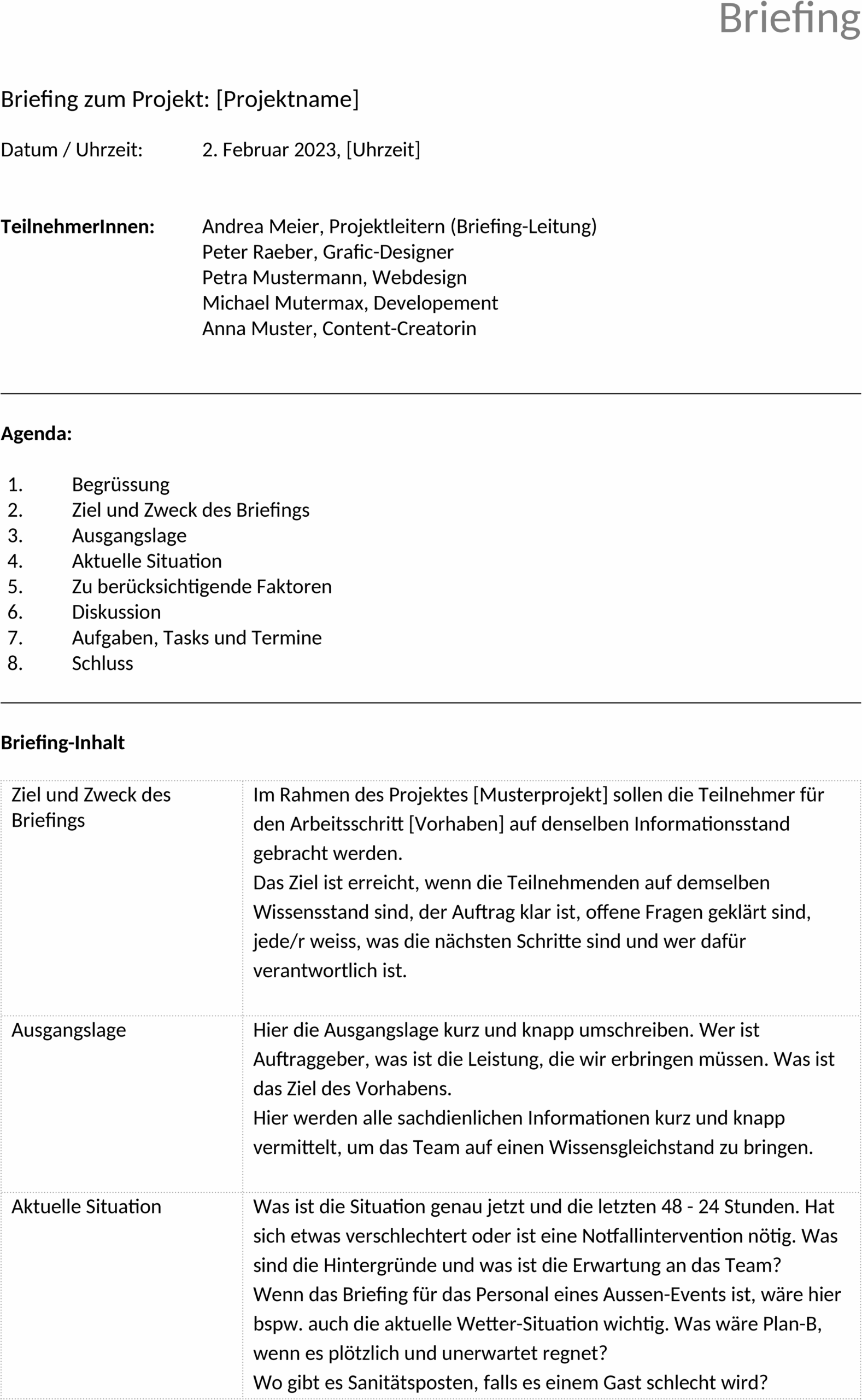 Word Briefing-Vorlage für Geschäftszwecke