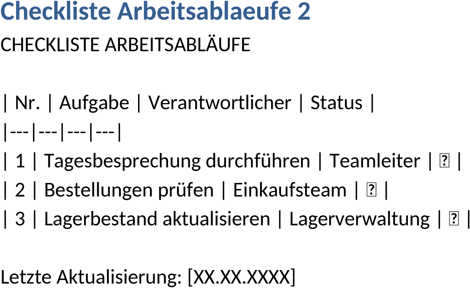 Word-Checkliste für Arbeitsabläufe