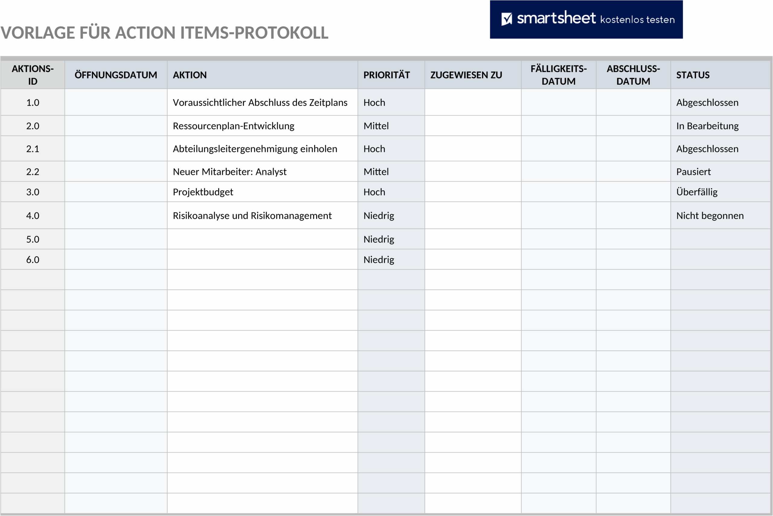 Word-Dokument Action Item Log