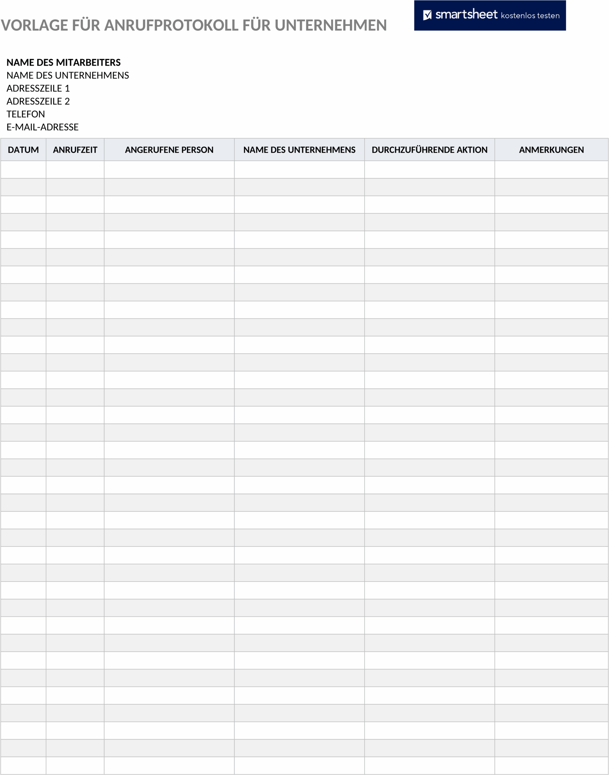 Word-Dokument Business Anrufprotokoll