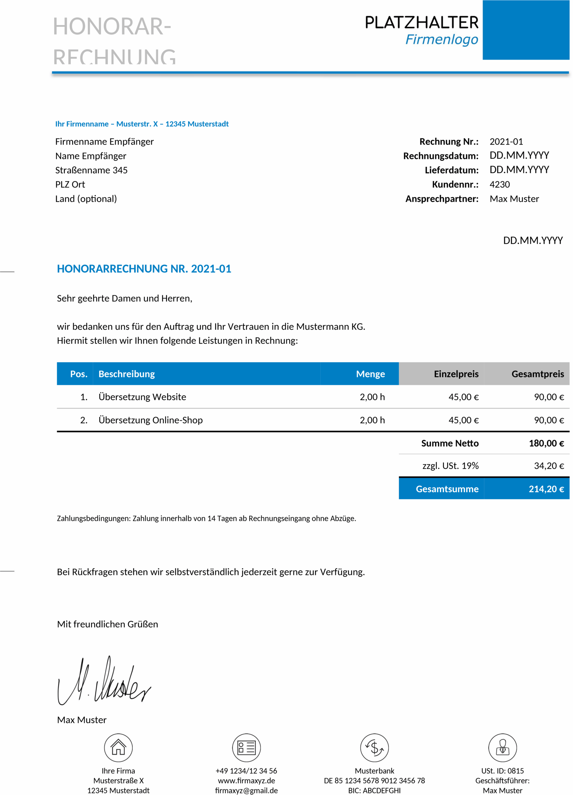 Word-Dokument für Honorarrechnung