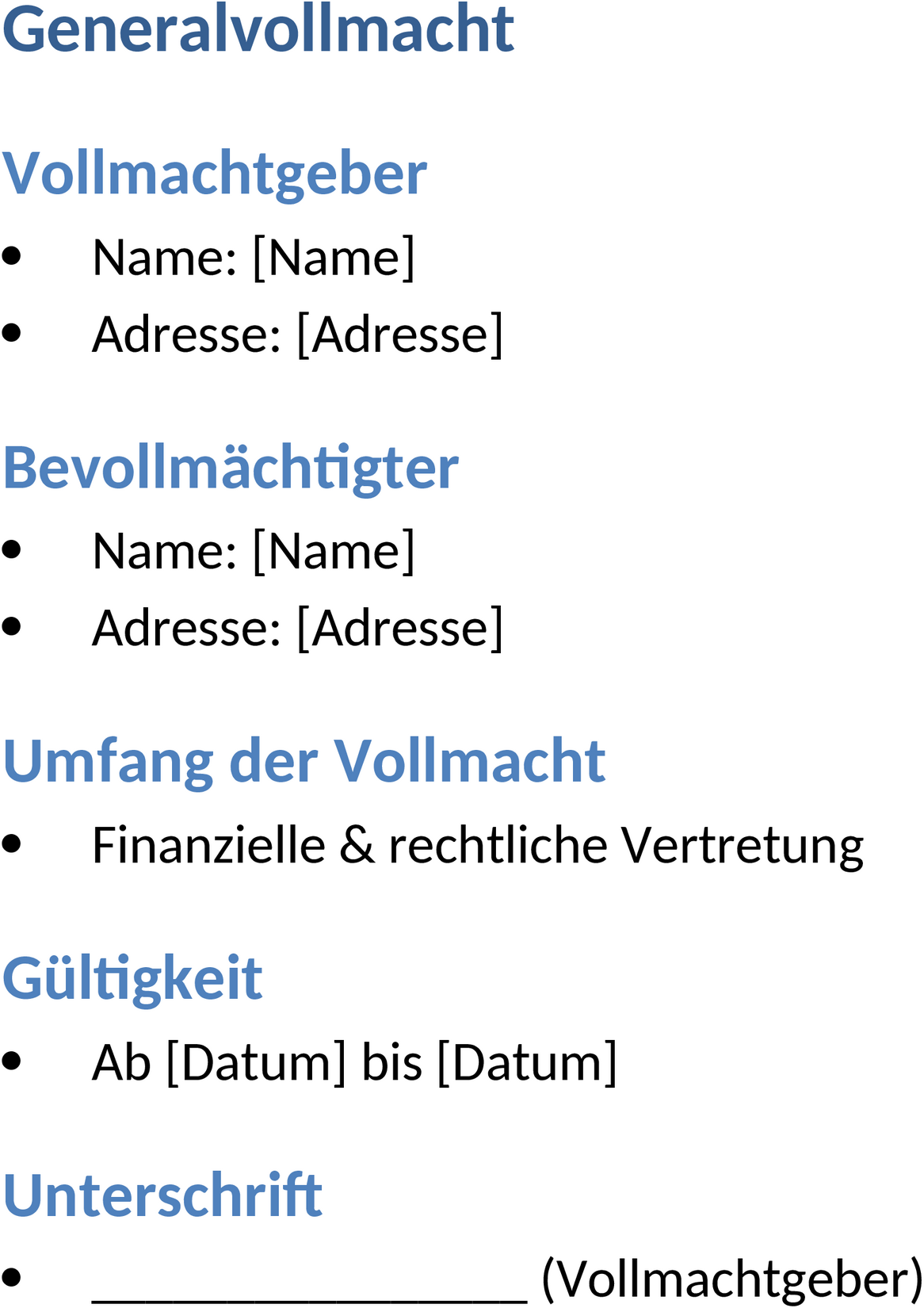 Word-Dokument Generalvollmacht Vorlage