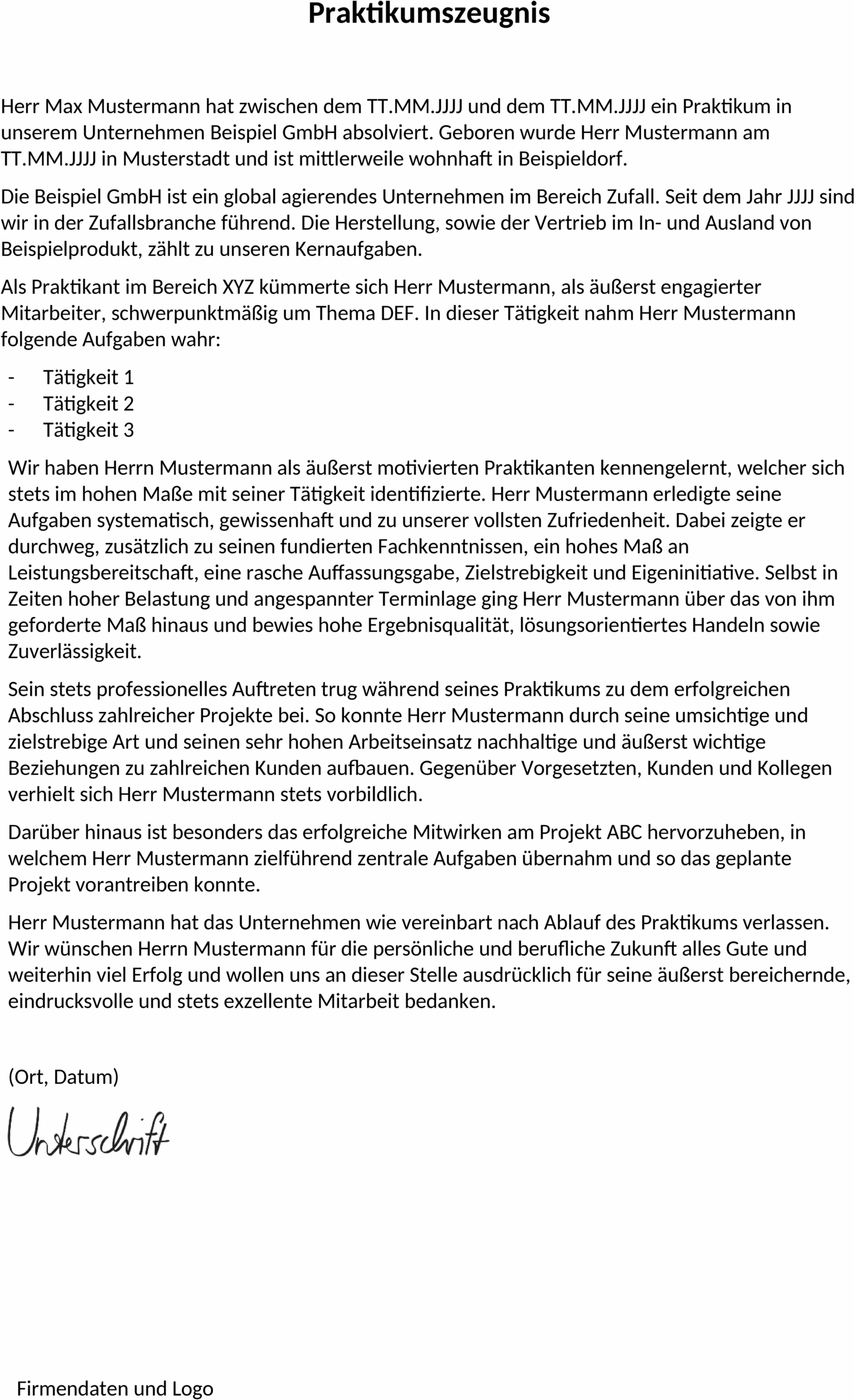 Word-Dokument Praktikumszeugnis Muster