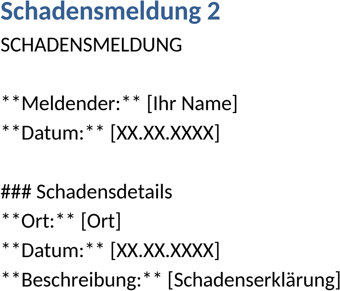 Word-Dokument für Schadensmeldungen