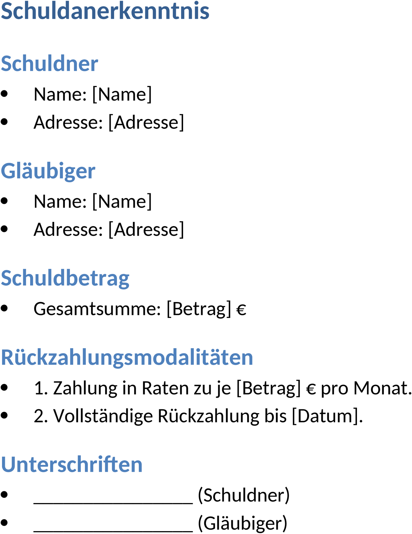 Word Dokument Schuldanerkenntnis