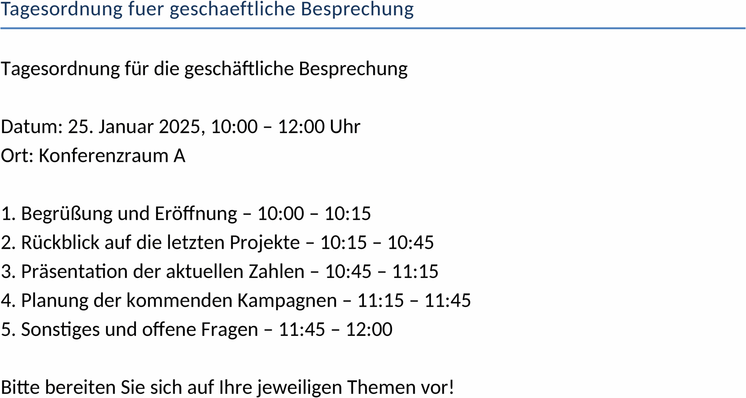 Word-Dokument Tagesordnung für Geschäftstreffen