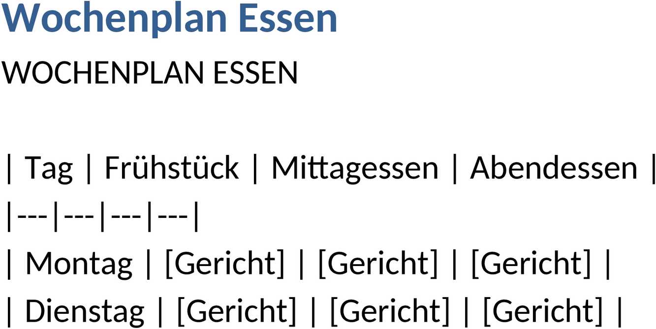 Word-Dokument Wochenplan für Essen