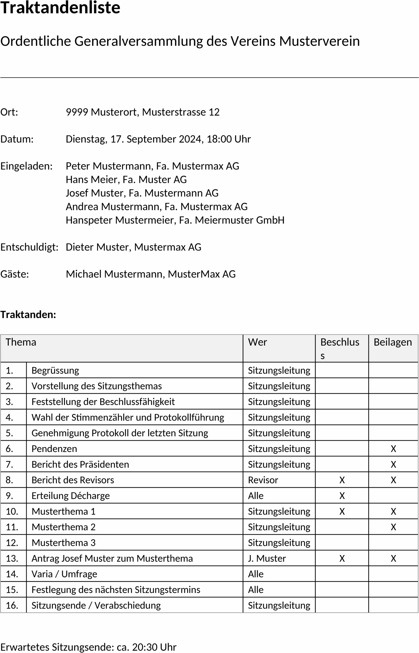 Word-Formatvorlage Traktandenliste