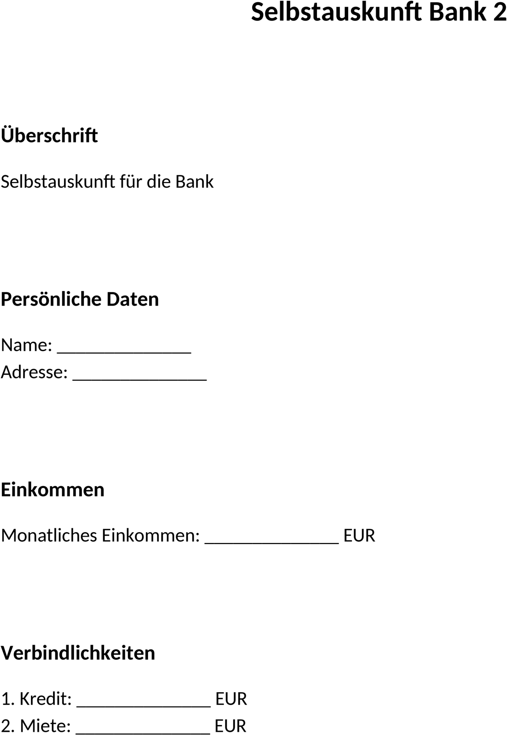 Word-Formular Selbstauskunft Bank