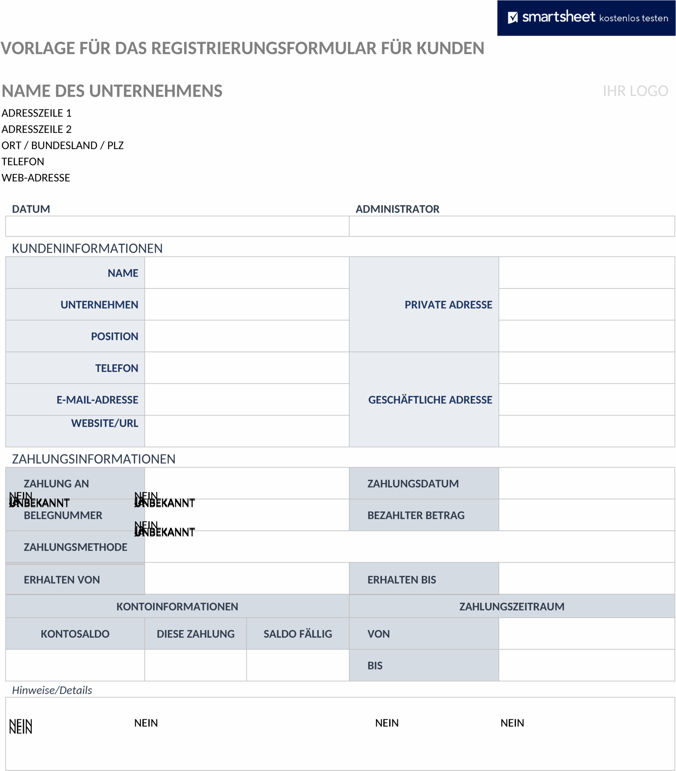 Word Formular zur Kundenregistrierung