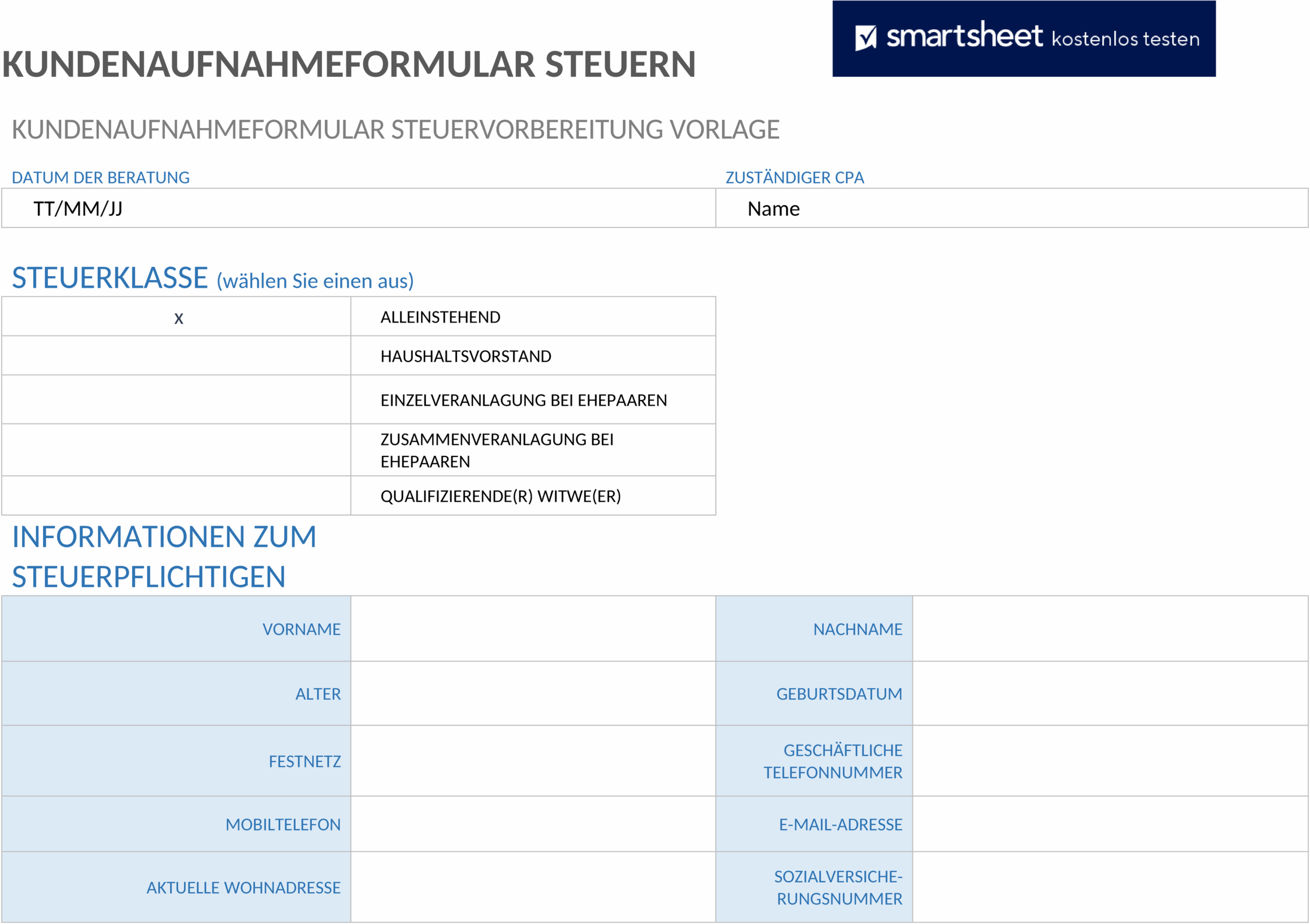 Word-Formular zur Steueraufnahme