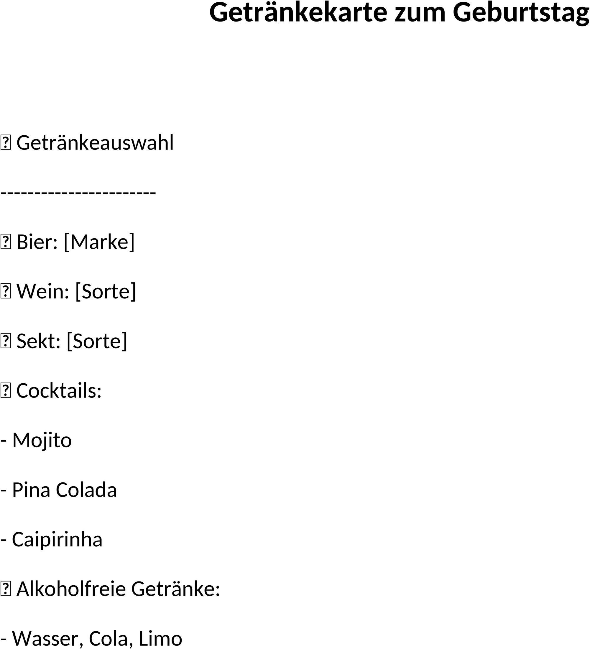 Word-Getränkekarte Geburtstag