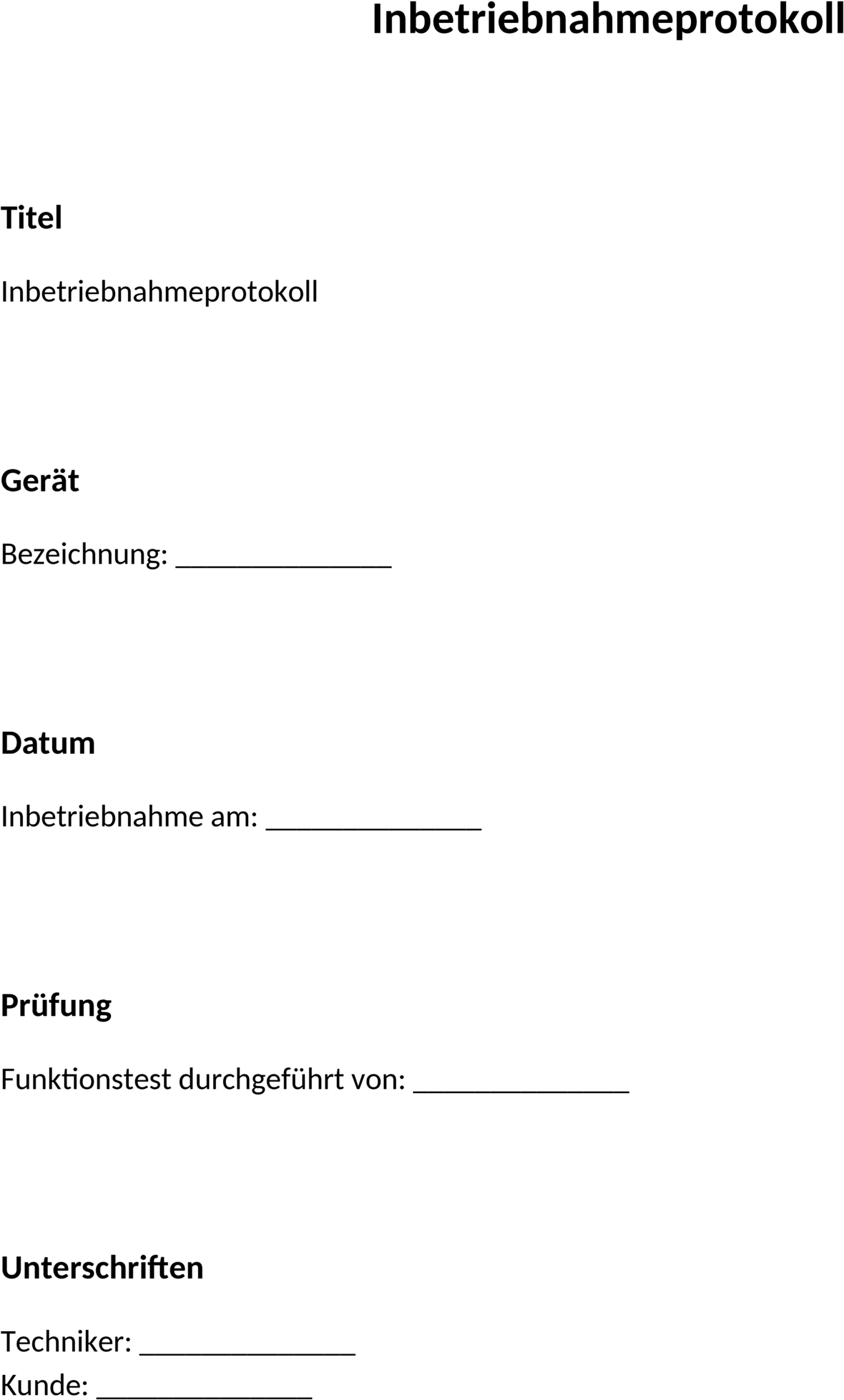 Word Inbetriebnahmeprotokoll Vorlage