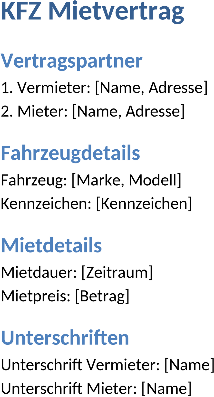 Word KFZ-Mietvertrag Vorlage