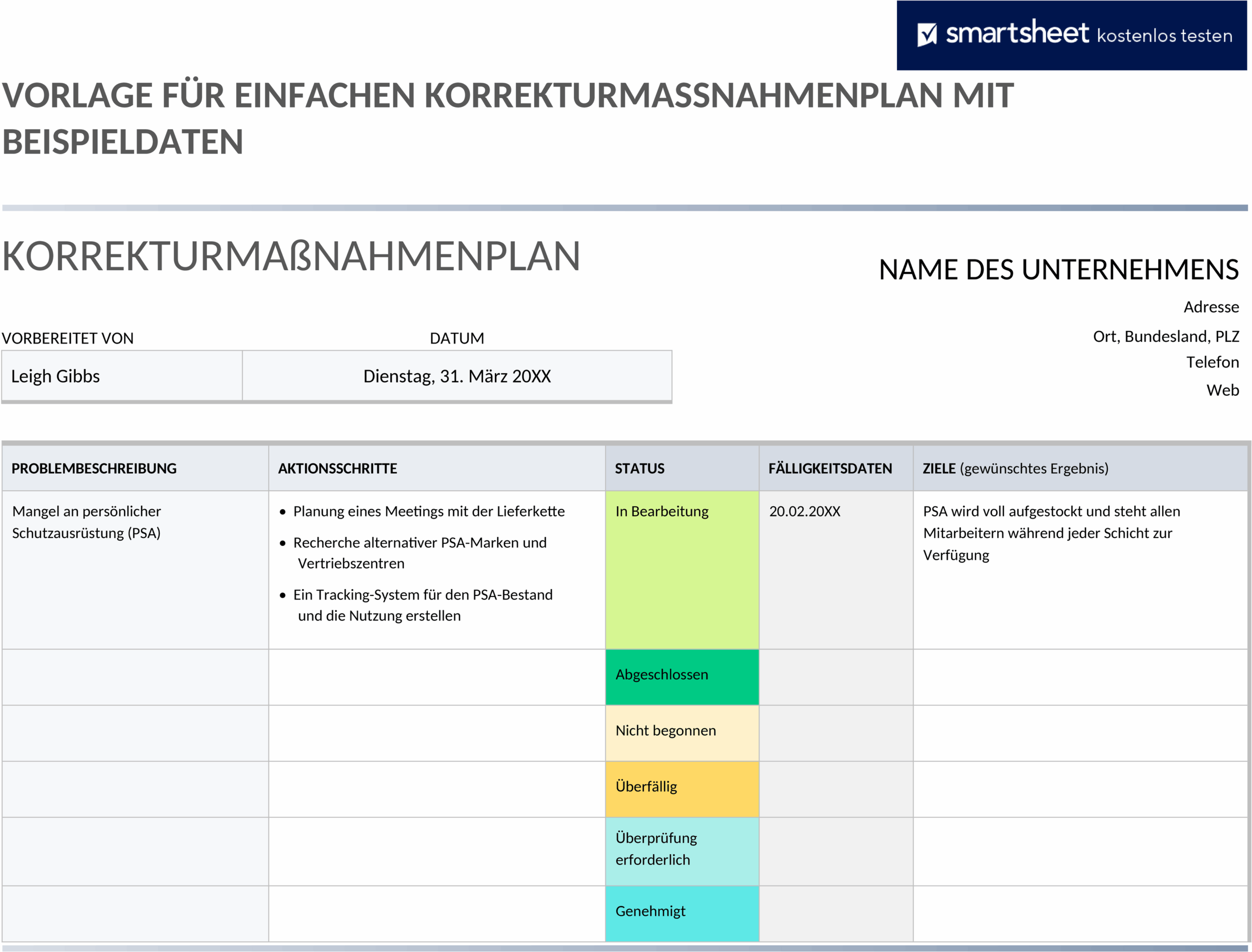 WORD Korrekturmaßnahmenplan Vorlage mit Beispieldaten