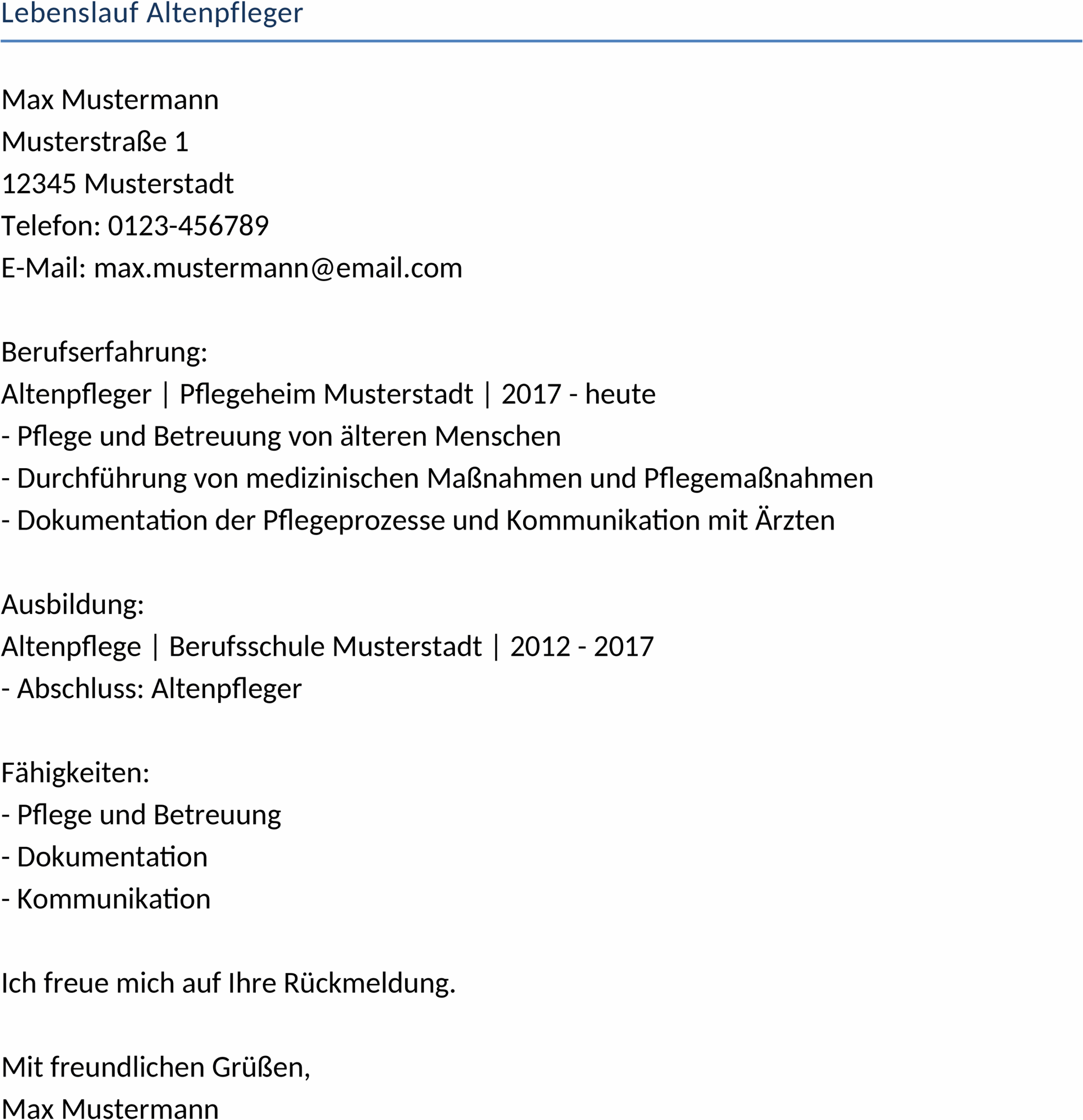 Word-Lebenslauf für Altenpfleger