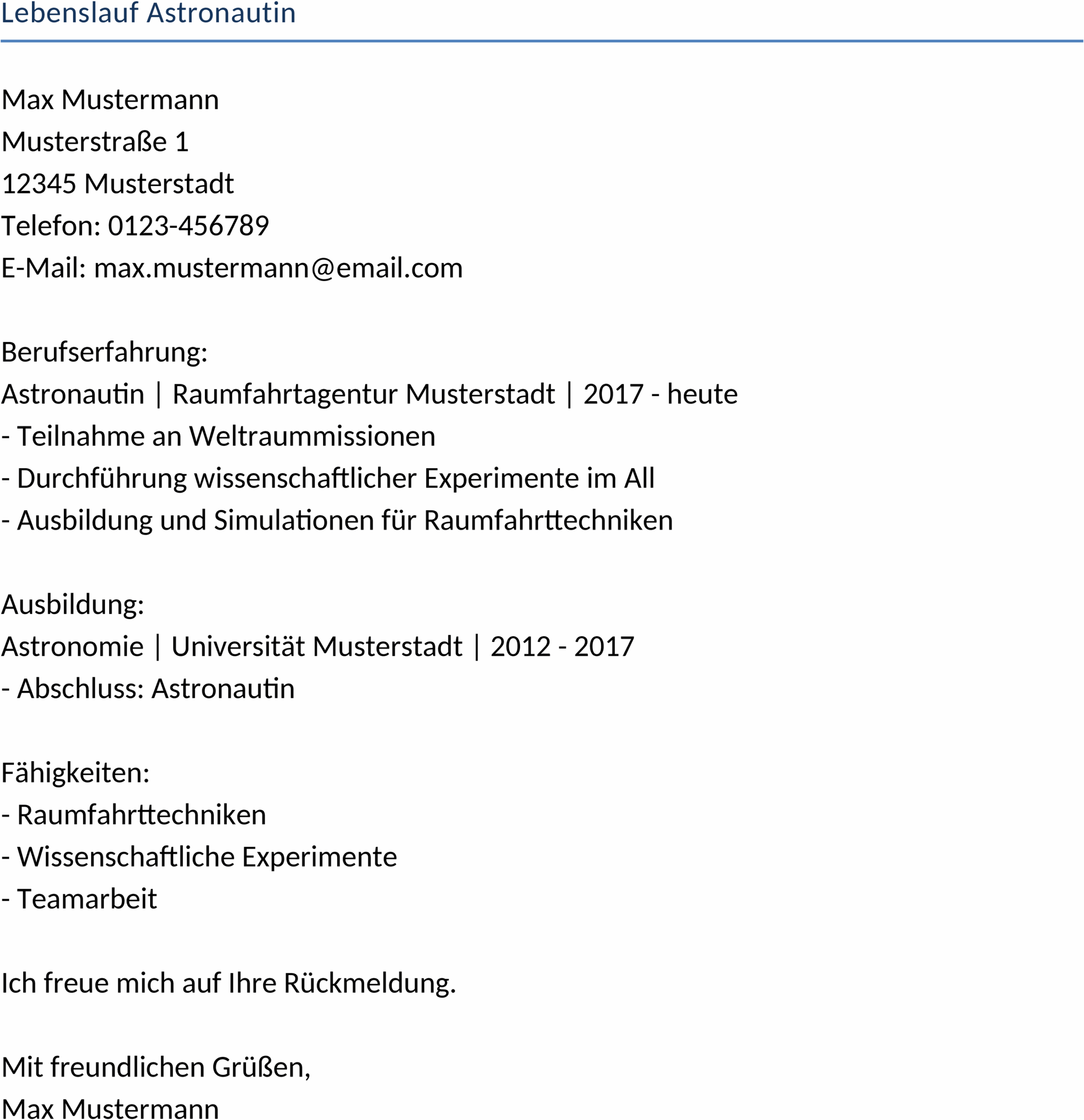 Word Lebenslauf Astronautin Vorlage