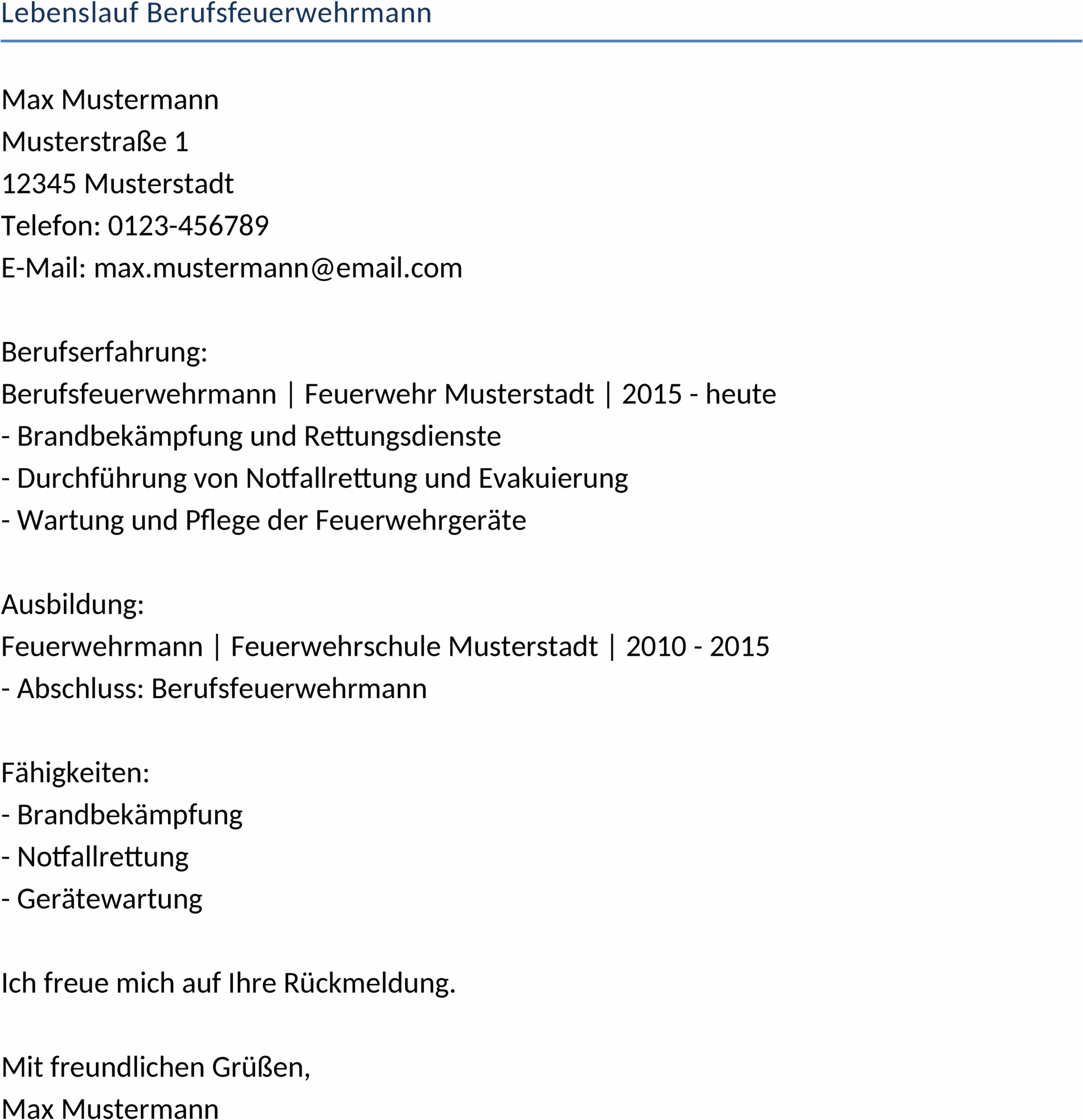 Word Lebenslauf Vorlage für Berufsfeuerwehrmann